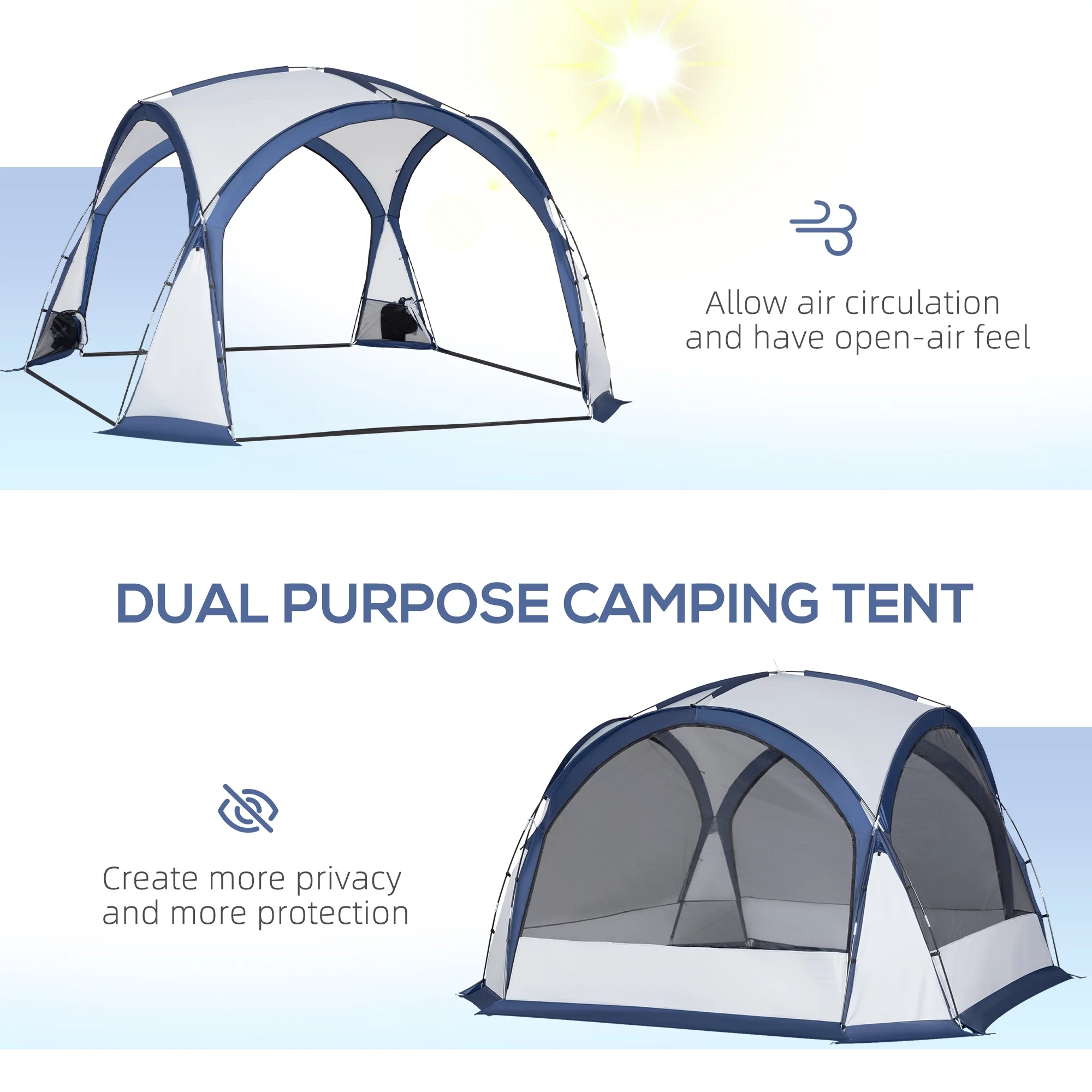 Outsunny Dome Tent for 6a??8 Persons, Camping Tent with 4 Zipped Mesh Doors, Lamp Hook, Portable Carry Bag, Screen Shelter Gazebos with 2 Pc Removal Wind/Sun Panel, White - Womvr