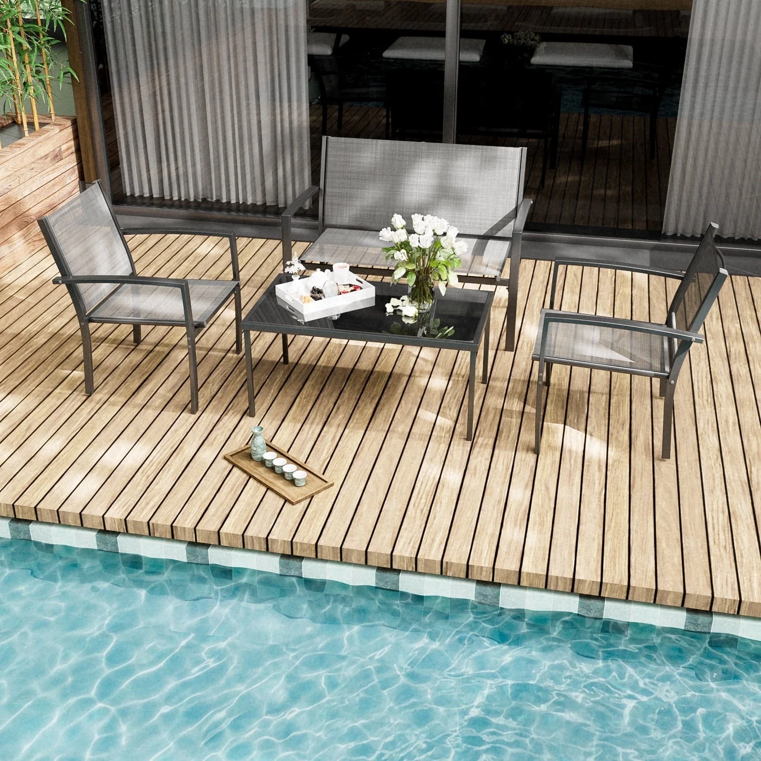 LACOO 4 Pieces Outdoor Furniture Set Patio Textilene Steel Conversation Set with Loveseat Tea Table for Lawn and Balcony, Black - Womvr