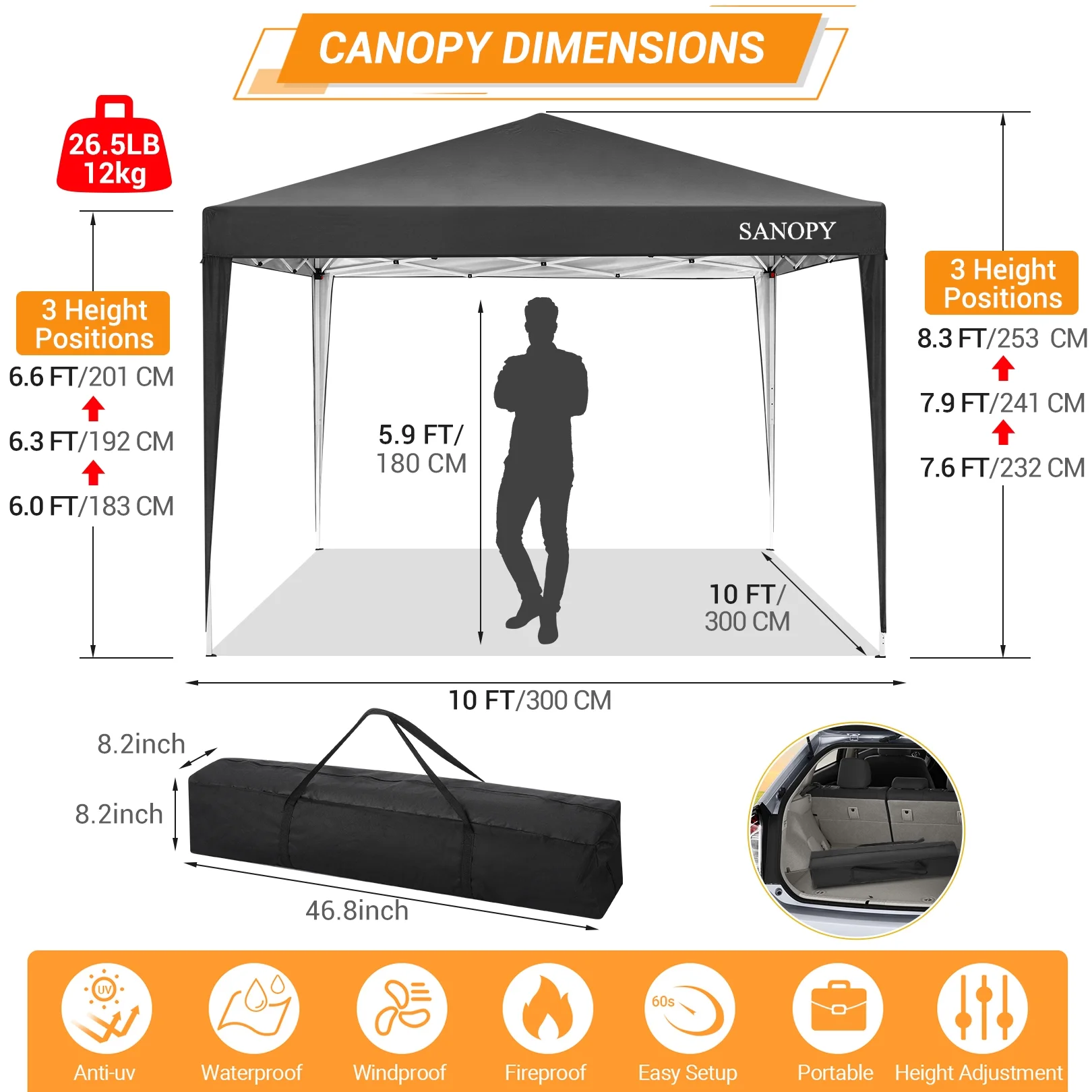 SANOPY 10'x10' EZ Pop Up Canopy Tent Outdoor Party Instant Shelter Portable Folding Beach Canopy with 4 Sandbag & Carrying Bag, Black - Womvr