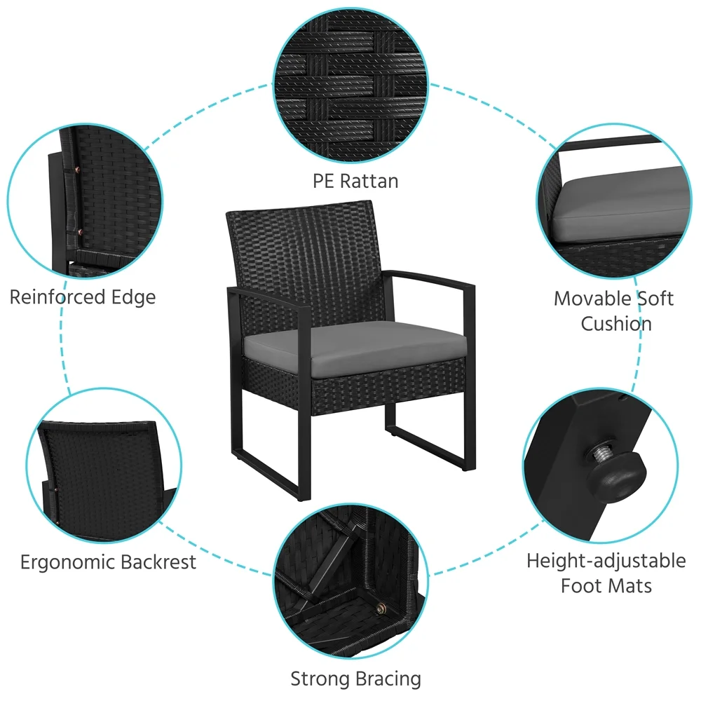 Yaheetech Modern 3-piece Patio Rattan Chairs & Table Set with Cushions, Black/Gray - Womvr