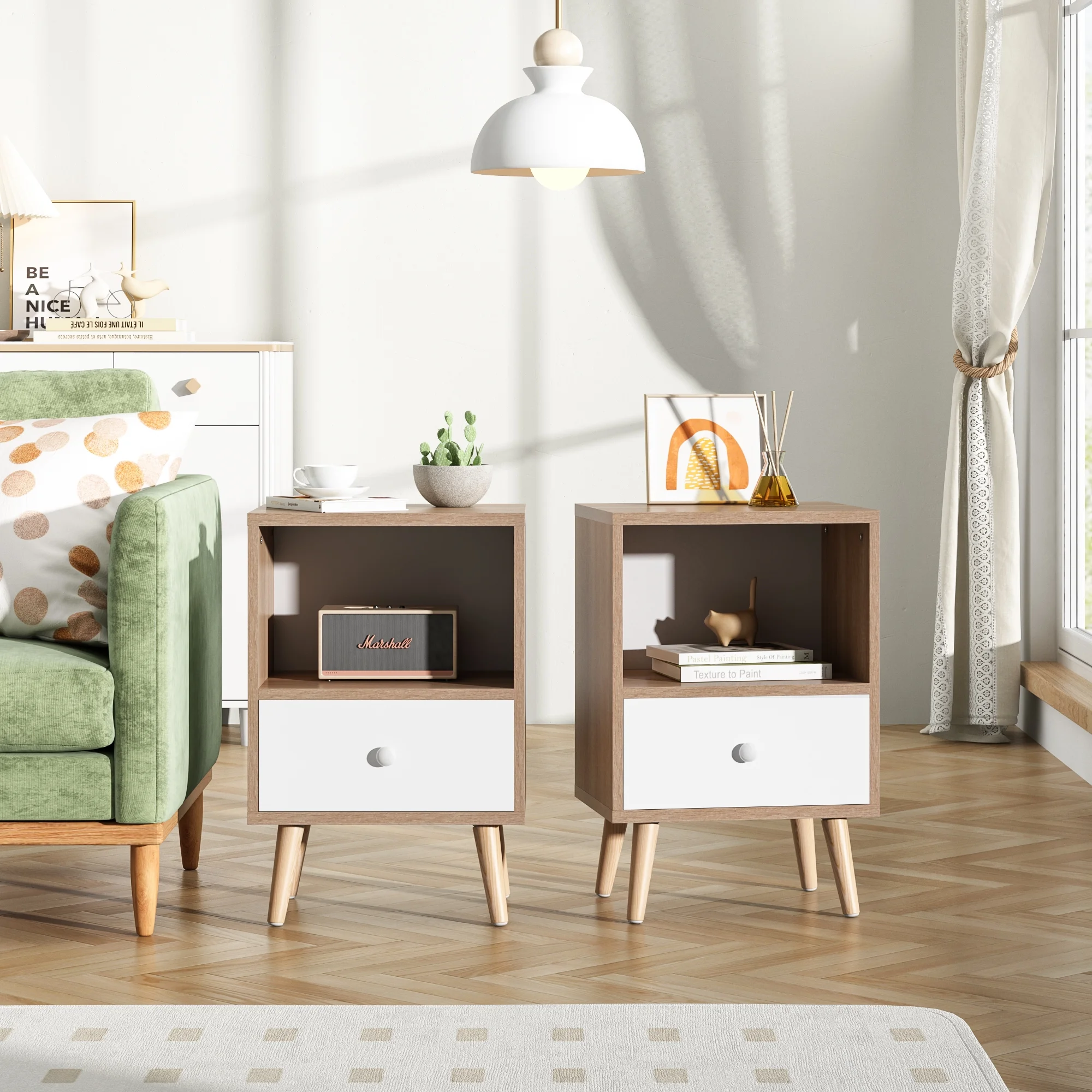 JAXPETY Nightstands Set of 2, Night Stand with 1 Drawer and Open Shelf Storage, End Table, Side Table, for Bedroom, Living Room, Natural Wood & White - Womvr