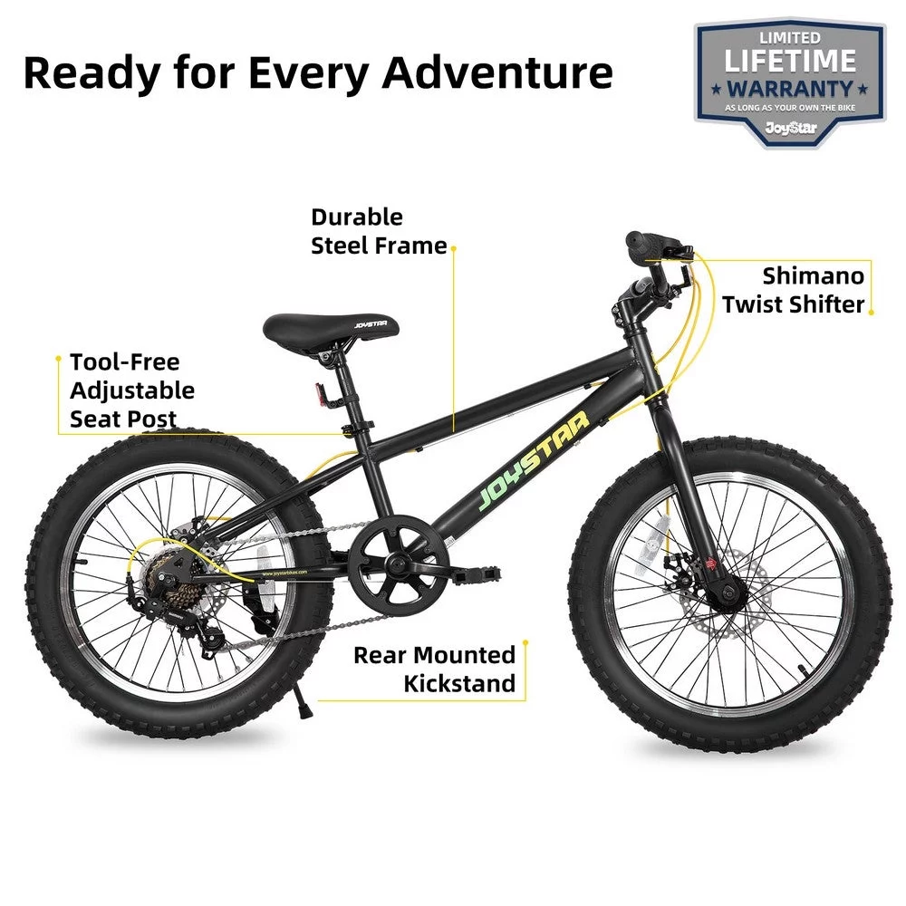 JOYSTAR 20 Inch Mountain Bike for Kids Ages 7-12 Year Old, 3-Inch Wide Knobby Tires, 7 Speed Shimano Drivetrain, Disc Brakes, Fat Tire Kids Bicycles for Boys Girls - Womvr