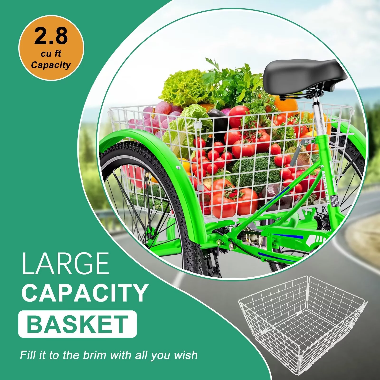 MOPHOTO Adult Tricycle for Seniors (Cyan, 26inch /7-Speed), Low Frame Three Wheel Bikes with Large Basket & Bell, 3 Wheel Cargo Bicycle, Safe and Durable Trike - Womvr