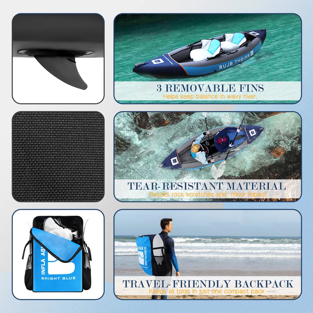 Sekkvy 11ft 2 Person Inflatable Fishing Kayak Set for Adults Angler Blow Up Kayak with 2 Paddles 3 Fins and Carrying Bag Blue - Womvr