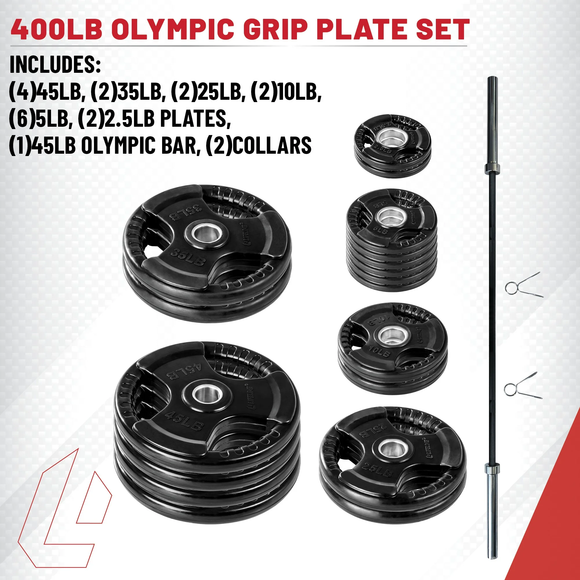 Lifeline Fitness 400 LB Olympic Weight Set - Rubber Coated Olympic Weight Plates, Barbell, and Clips - Womvr