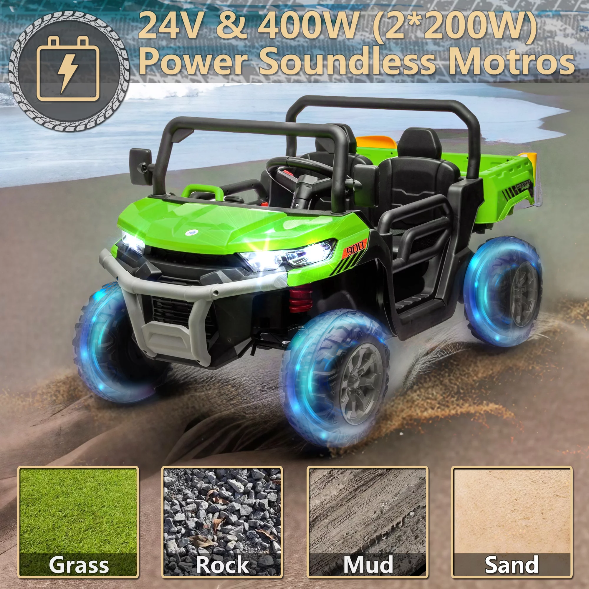 24V 2 Seater Ride on Toys, Ride On UTV with 2x200W Motor Ride On Dump Truck, Ride On Car with Dump Bed/Shovel, Electric Vehicle with Rubber Tires, LED Light, Music, Remote Control, Black - Womvr