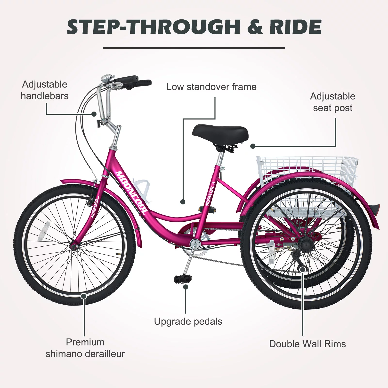 MOPHOTO Adult Tricycle 20/24/26 inch 3 Wheel Bicycle,3 Wheel Bikes for Adults,7 Speed Low Stepover Frame Tricycle with Basket/Bell,3 Wheel Bicycle for Seniors,Women,Men - Womvr