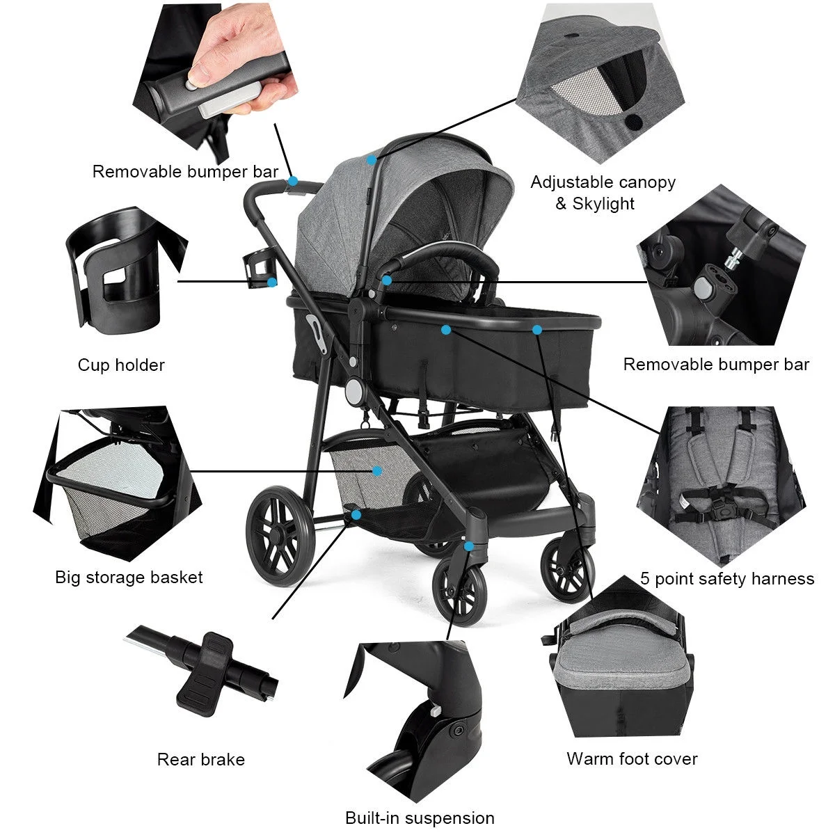 Costway Foldable Baby Stroller 2 in1 Newborn Infant Travel Buggy Pushchair Black - Womvr
