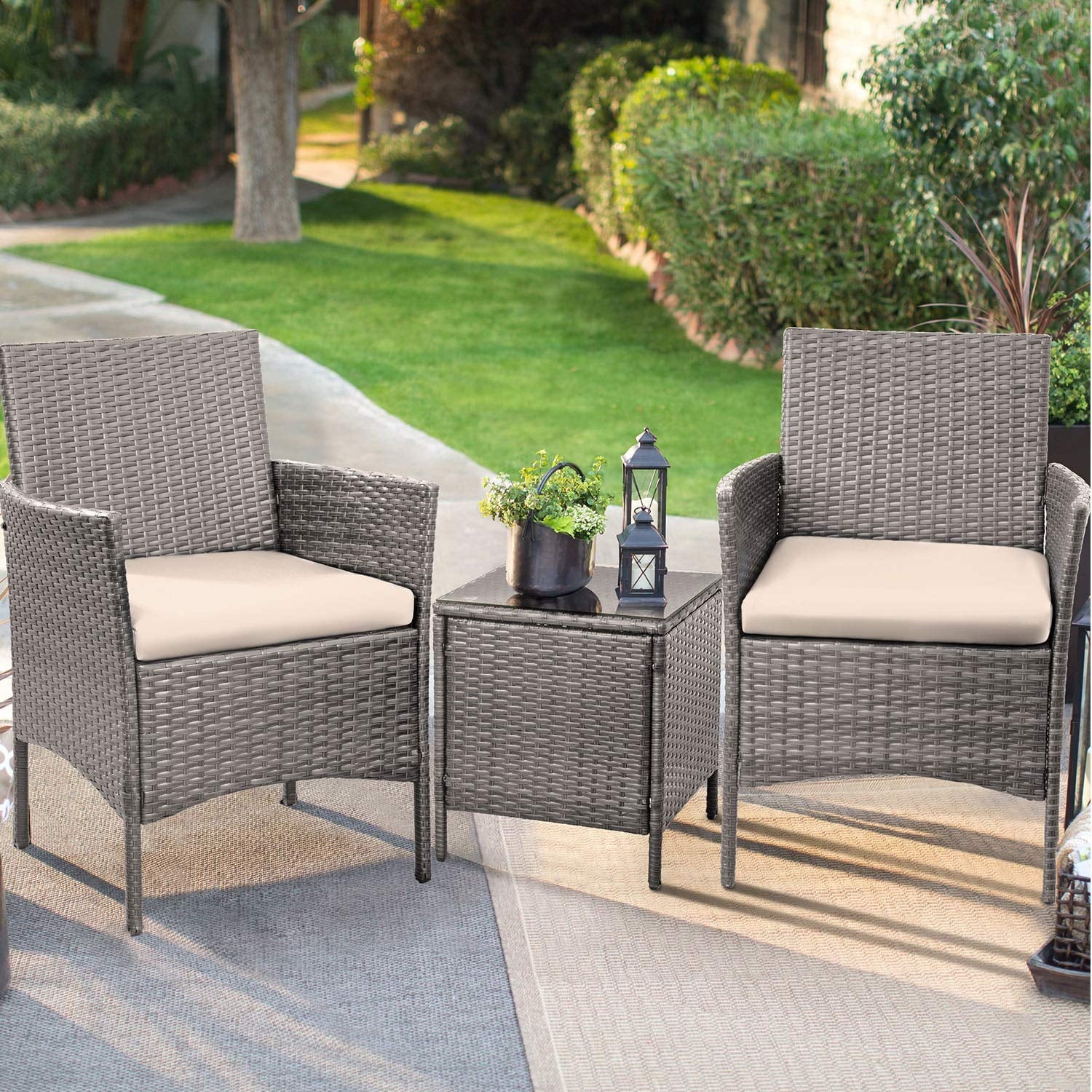 Lacoo 3 Pieces Outdoor Patio Furniture PE Rattan Wicker Table and Chairs Set Bar Set with Cushioned Tempered Glass, Brown/Beige, 2 - Womvr