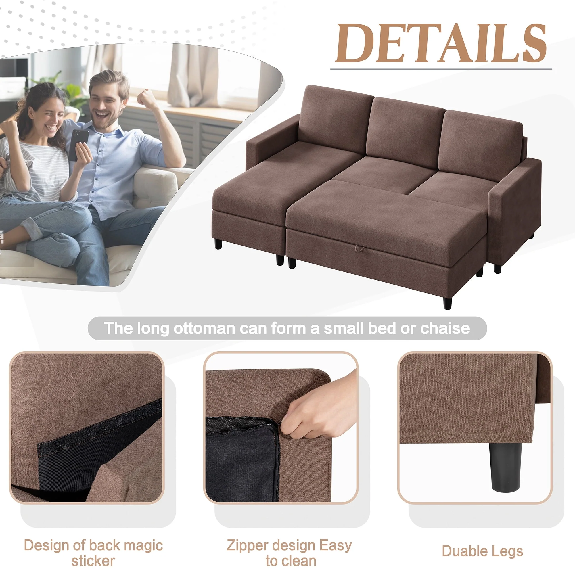 Walsunny Convertible Sectional L-Shaped Sofa with Modern Linen Fabric(Grayish Black) - Womvr