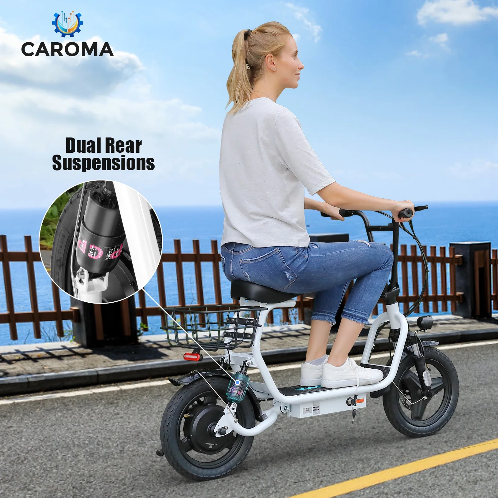 Caroma 500W Electric Scooter with Seat for Adult, 14 inch Commuter Electric Scooter with Dual Shock Absorbers and Basket - Up to 25 Miles 20 MPH, Silver - Womvr