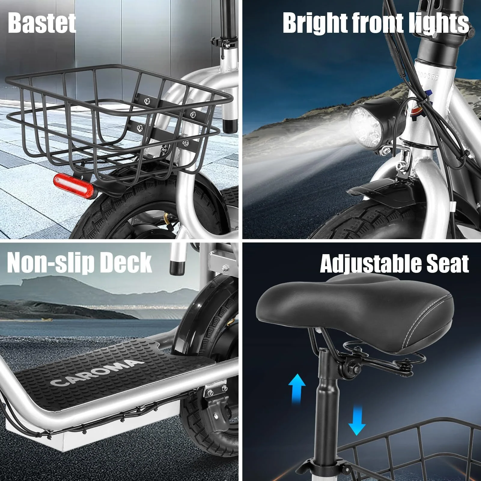 Caroma 500W Electric Scooter with Seat for Adult, 14 inch Commuter Electric Scooter with Dual Shock Absorbers and Basket - Up to 25 Miles 20 MPH, Silver - Womvr