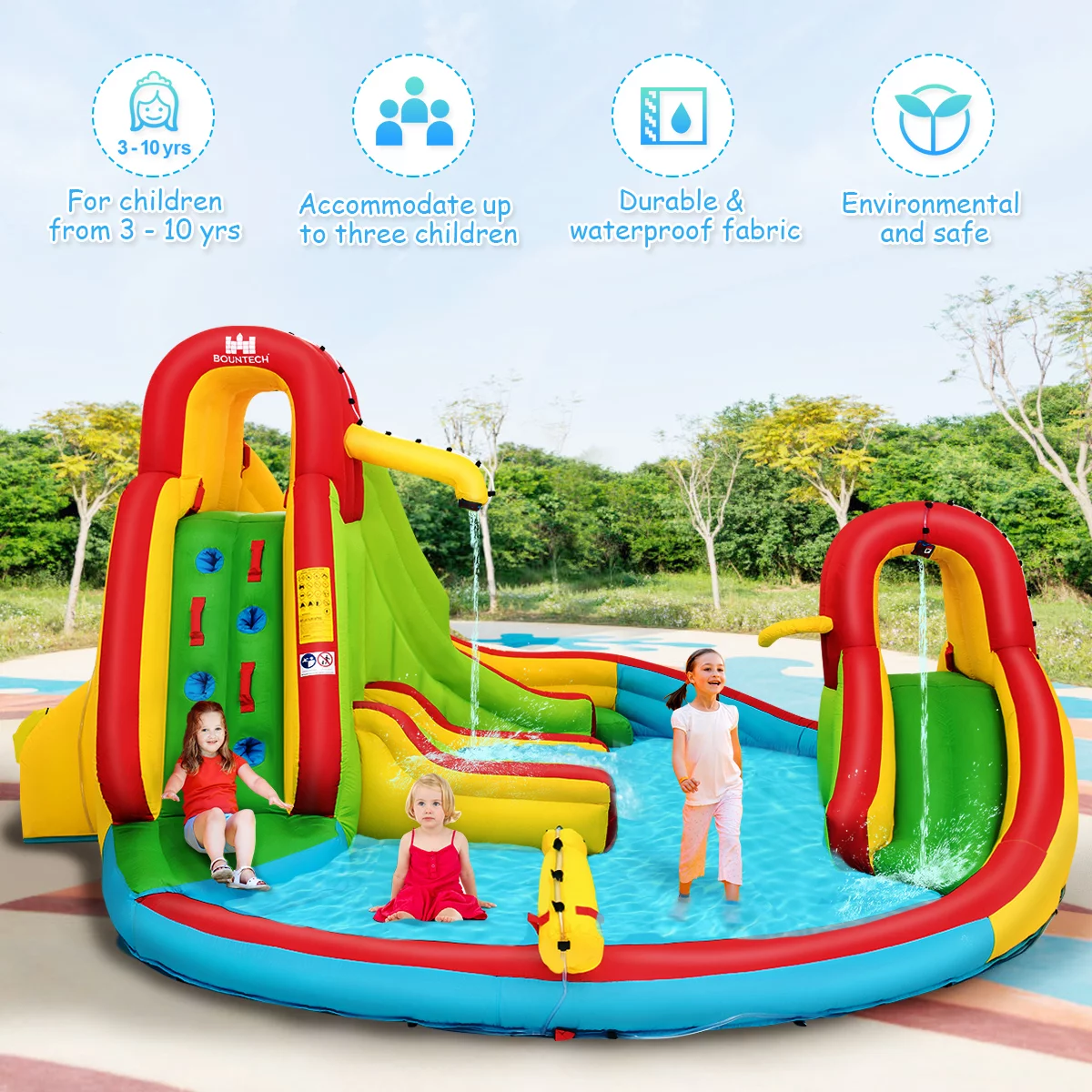 Inflatable Kids Water Slide Park with Climbing Wall Water Cannon and Splash Pool - Womvr