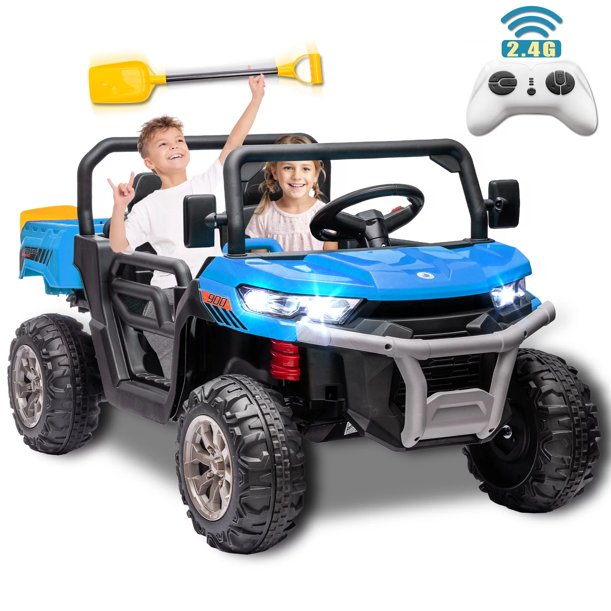 24V 2 Seater Kids Ride on Car Truck, Ride on UTV with 2x200W Motor Ride on Dump Truck, Ride on Car with Dump Bed/Shovel, Electric Vehicle with Non-Slip Tyre, LED Light, Music, Remote Control, Red - Womvr