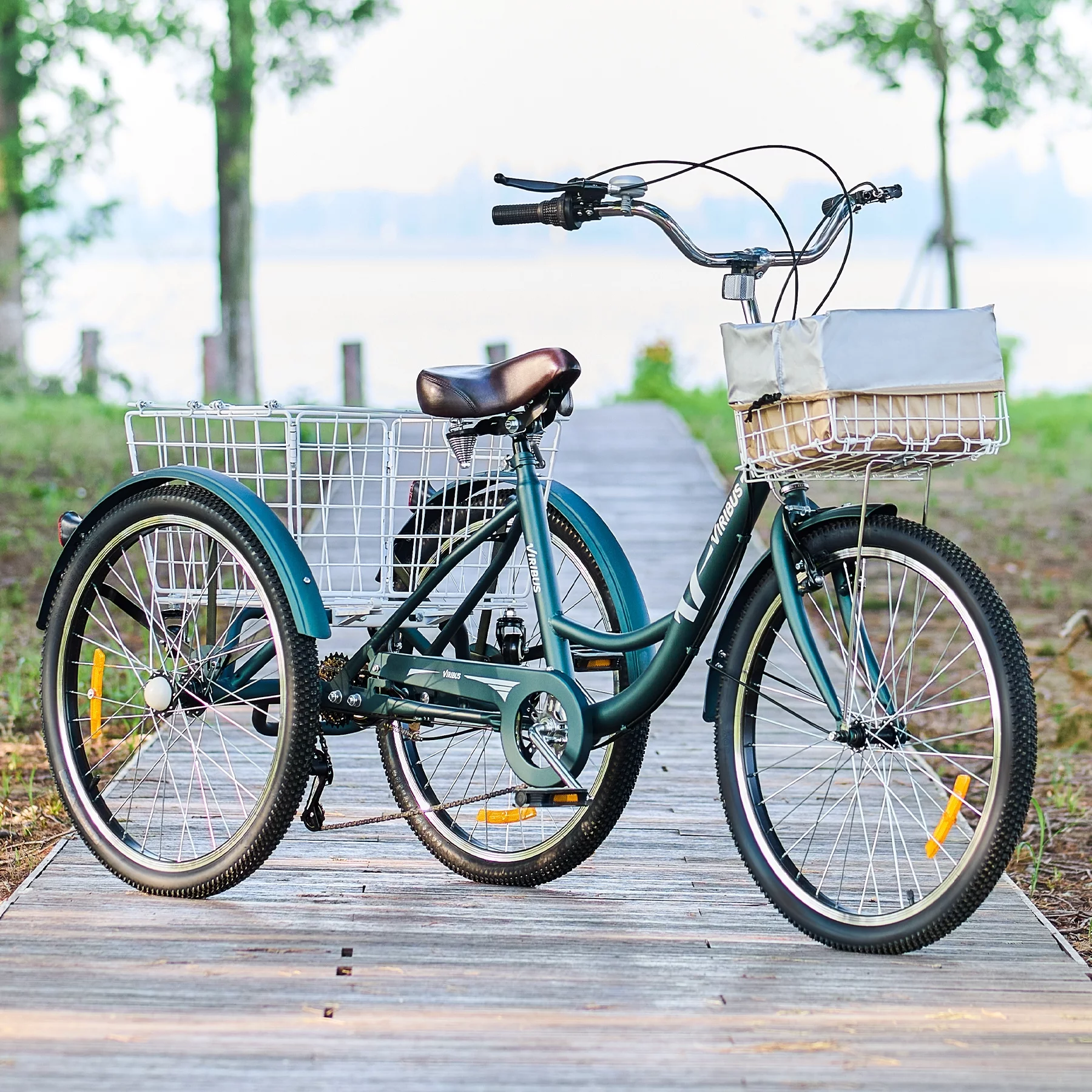 VIRIBUS 24 Inch Adult Trike 7 Speed Bike w Adjustable Seat 2 Baskets Matte Gray - Womvr