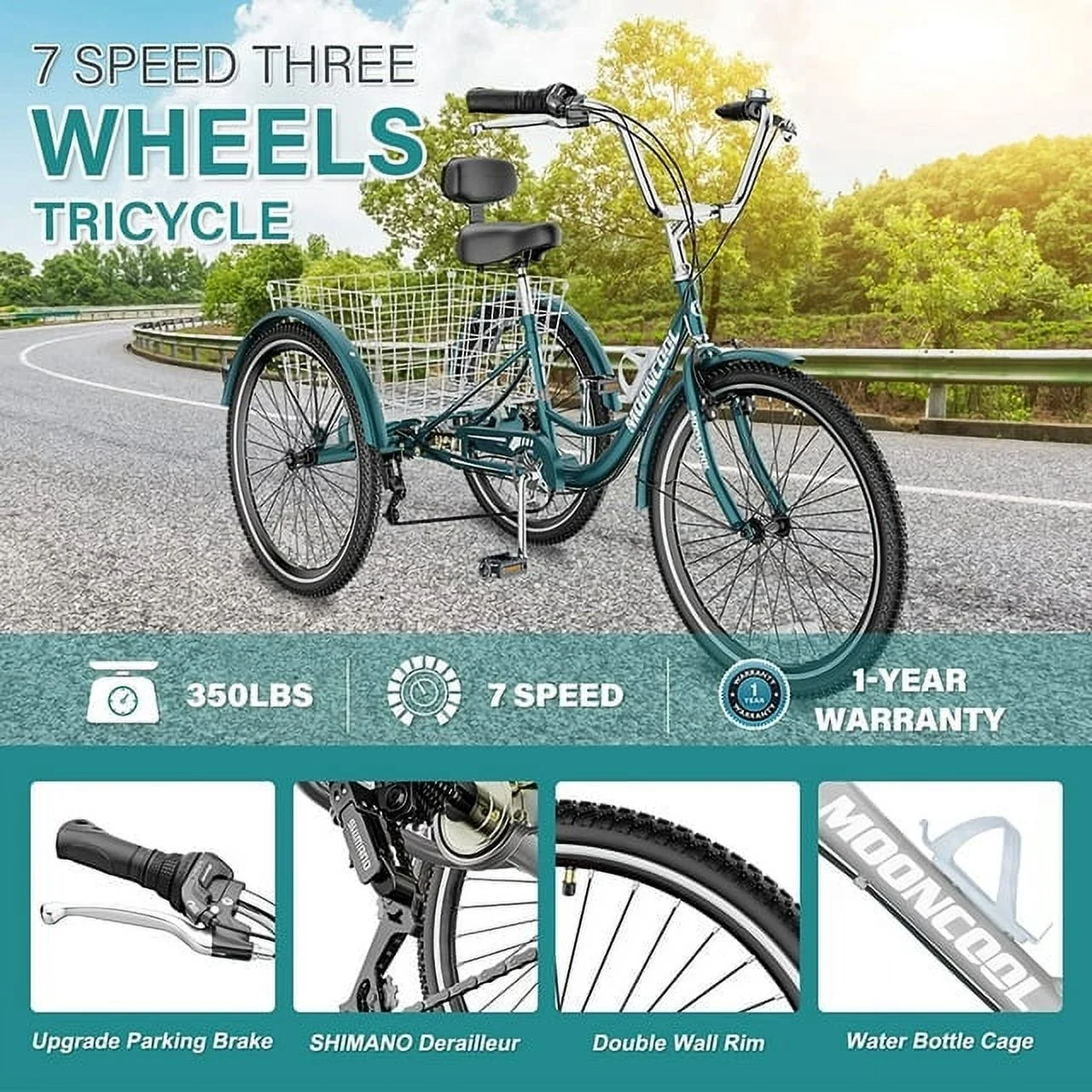 Lilypelle Adult Tricycles 7 Speed 20/24/26 Inch Three Wheel Bike Cruiser Trike with Low-Step Through Frame/Large Basket for Men, Women, Seniors - Womvr