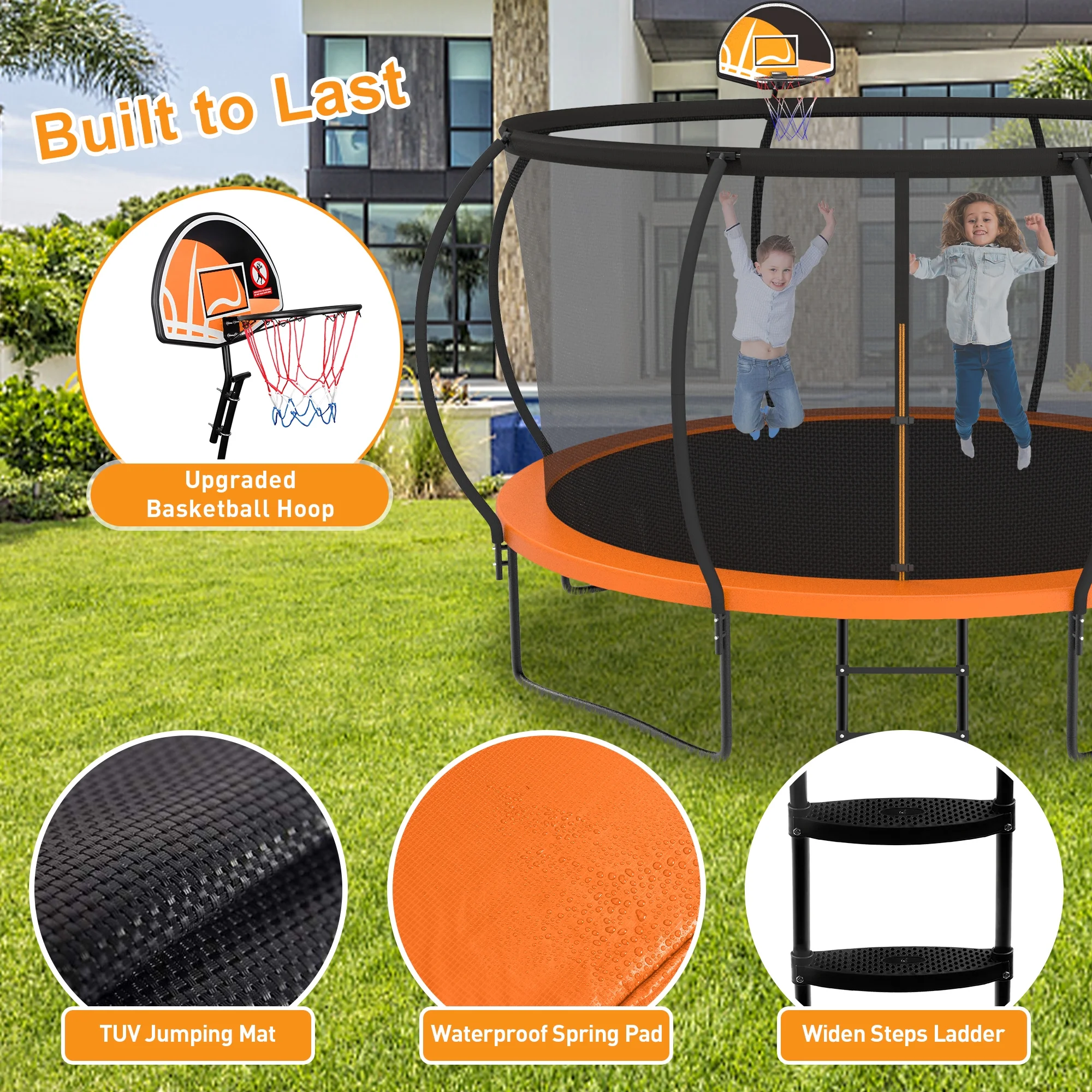 KOFUN Trampoline with Basketball Hoop, 8FT 10FT 12FT 14FT 15FT 16FT Trampoline with Enclosure, Anchors Kit, Ladder, Heavy Duty Backyard Trampoline for Kids Adults, Galvanized Anti-Rust Coating, Black - Womvr