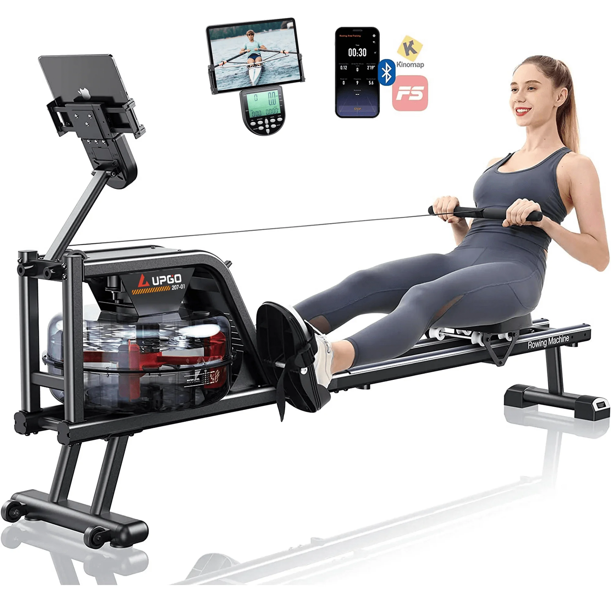 UPGO Water Rowing Machine 350 LB Weight Capacity - Foldable Rower for Home Use with LCD Monitor, Tablet Holder and Comfortable Seat Cushion - Womvr