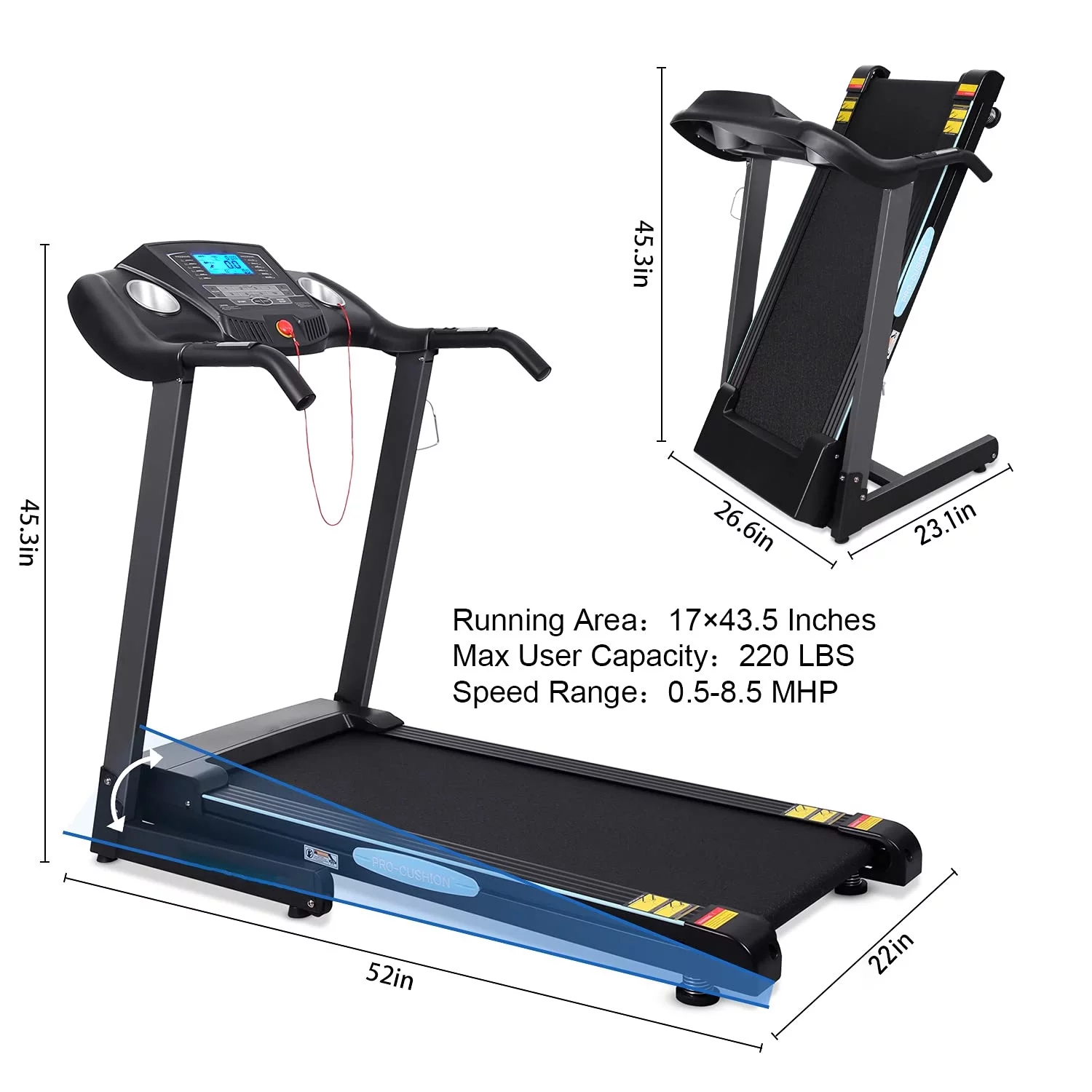 MaxKare 2.5 HP Folding Treadmill with 12% Auto Incline 8.5 mph Speed 15 Preset Program, 220lbs Max Weight, for Home Gym - Womvr