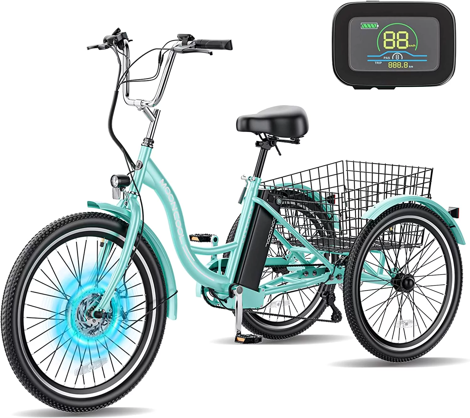 MOONCOOL 350W Motorized Electric Trike, 7 Speed 3 Wheel Electric Bicycle with 36V 14.5Ah Lithium Battery UL Certified, 24