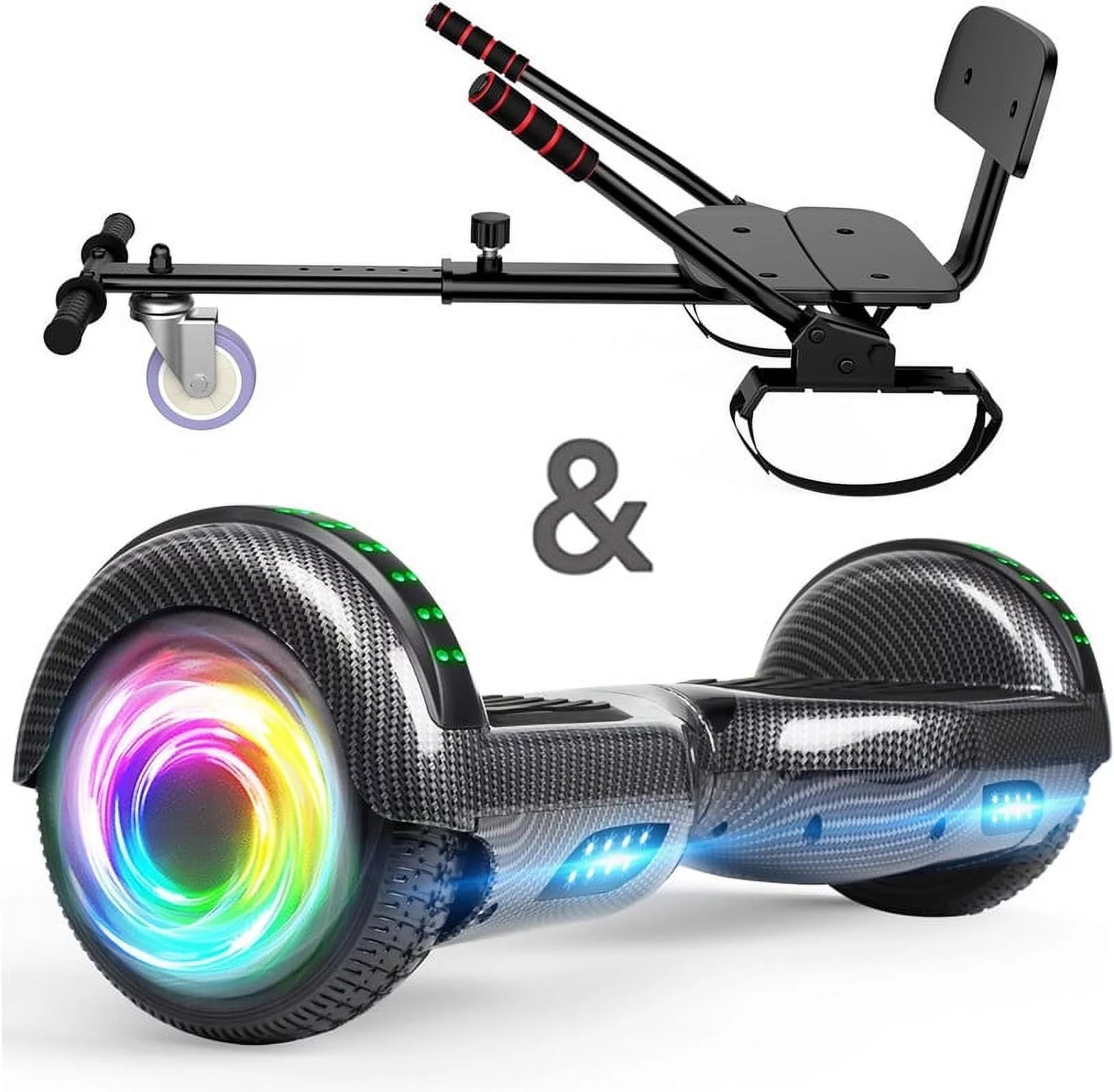 SISIGAD Hoverboard with Seat, 6.5 inch Hoverboard Go Kart Combo with Bluetooth Speaker & LED Lights for Kids Adults - Womvr