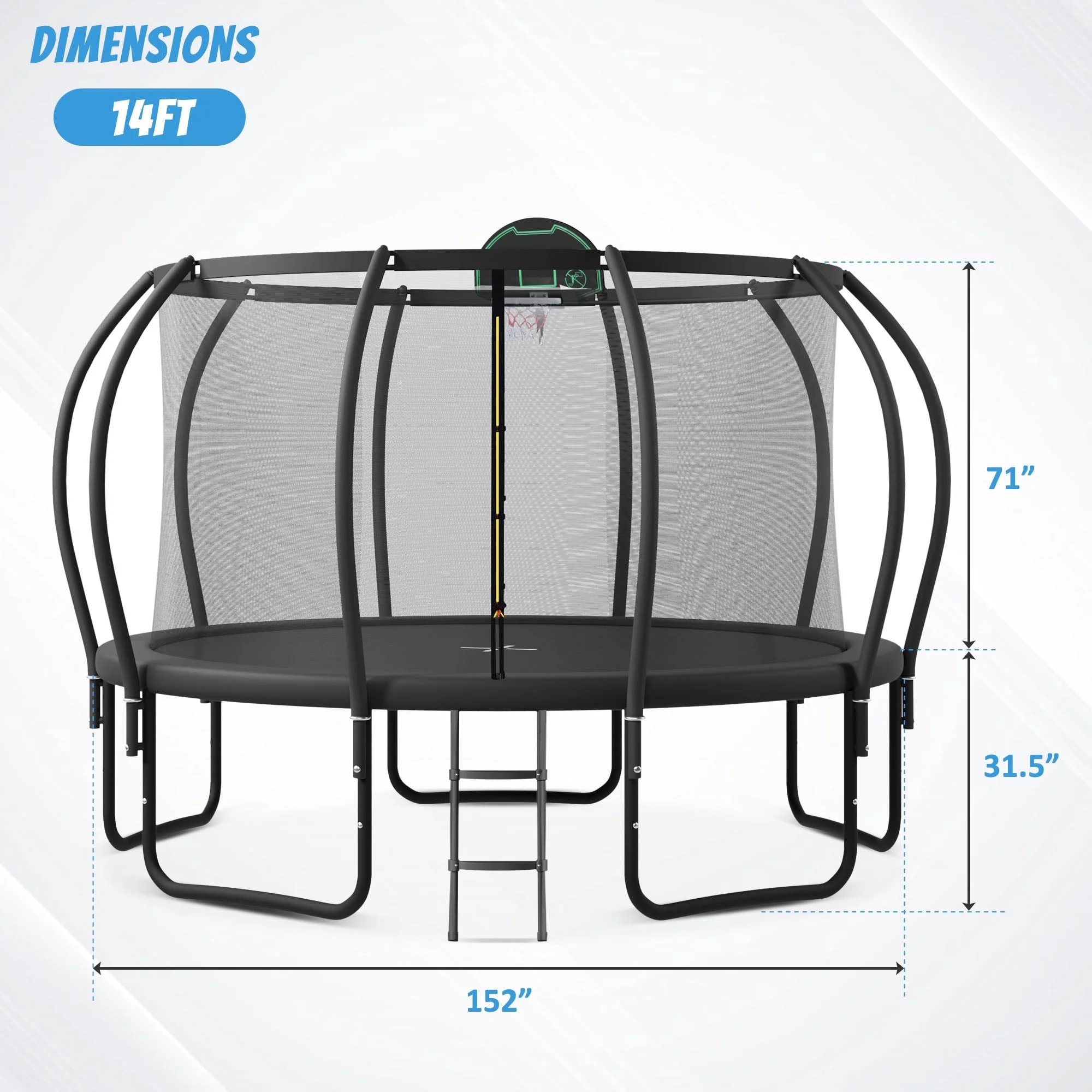 Jump Into Fun Trampoline 12FT 14FT 15FT 16FT, 1200LBS Trampoline for Adults/ 5-6 Kids, Trampoline with Enclosure, Basketball Hoop, Wind Stakes, Outdoor Upgraded Arc Pole Trampoline - Womvr