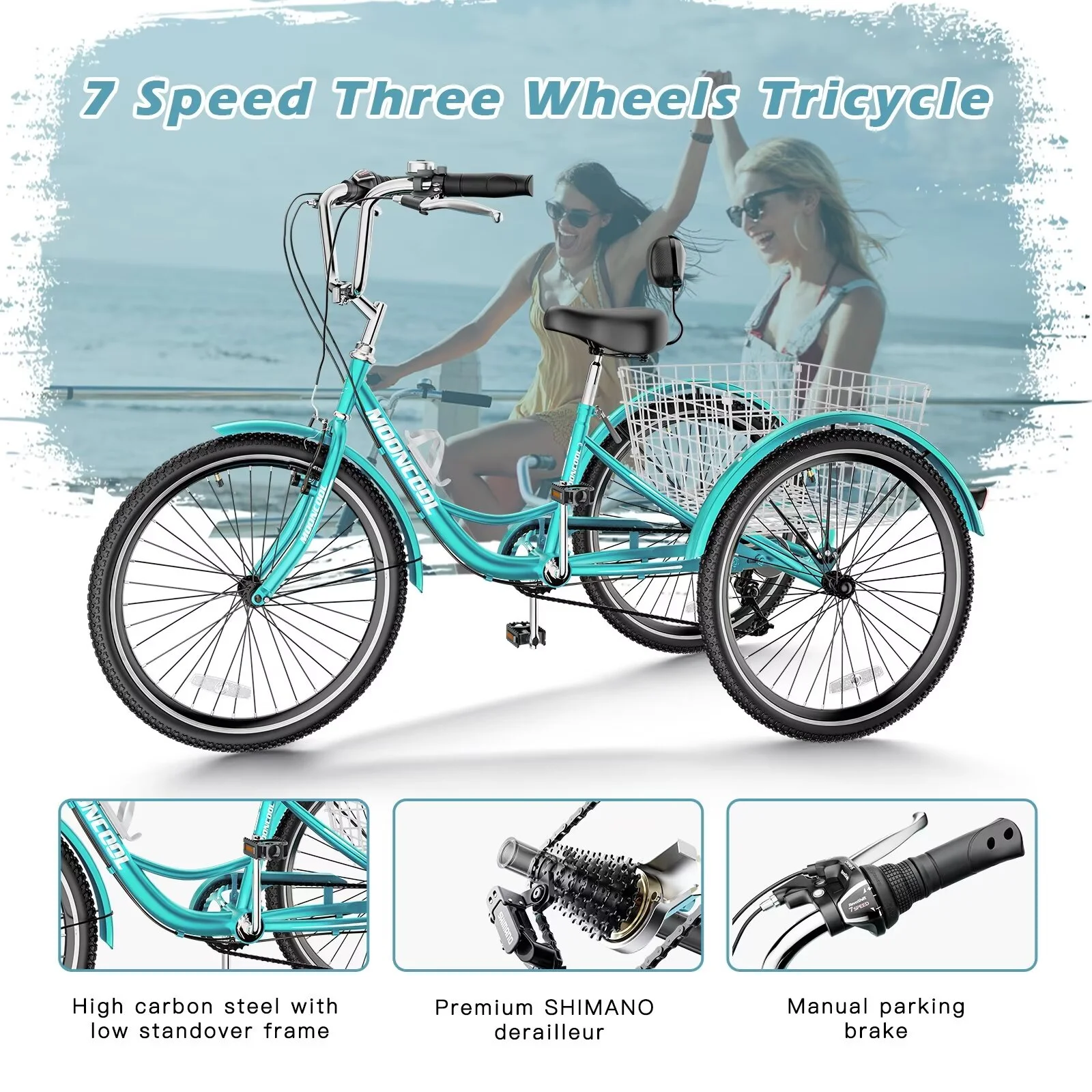 MOPHOTO 20/24/26 inch Adult Tricycle Folding 3 Wheel Cruiser Bikes 7 Speed, Portable and Foldable Trikes with Cargo Basket for Men & Women Outdoor Cycling, Purple - Womvr