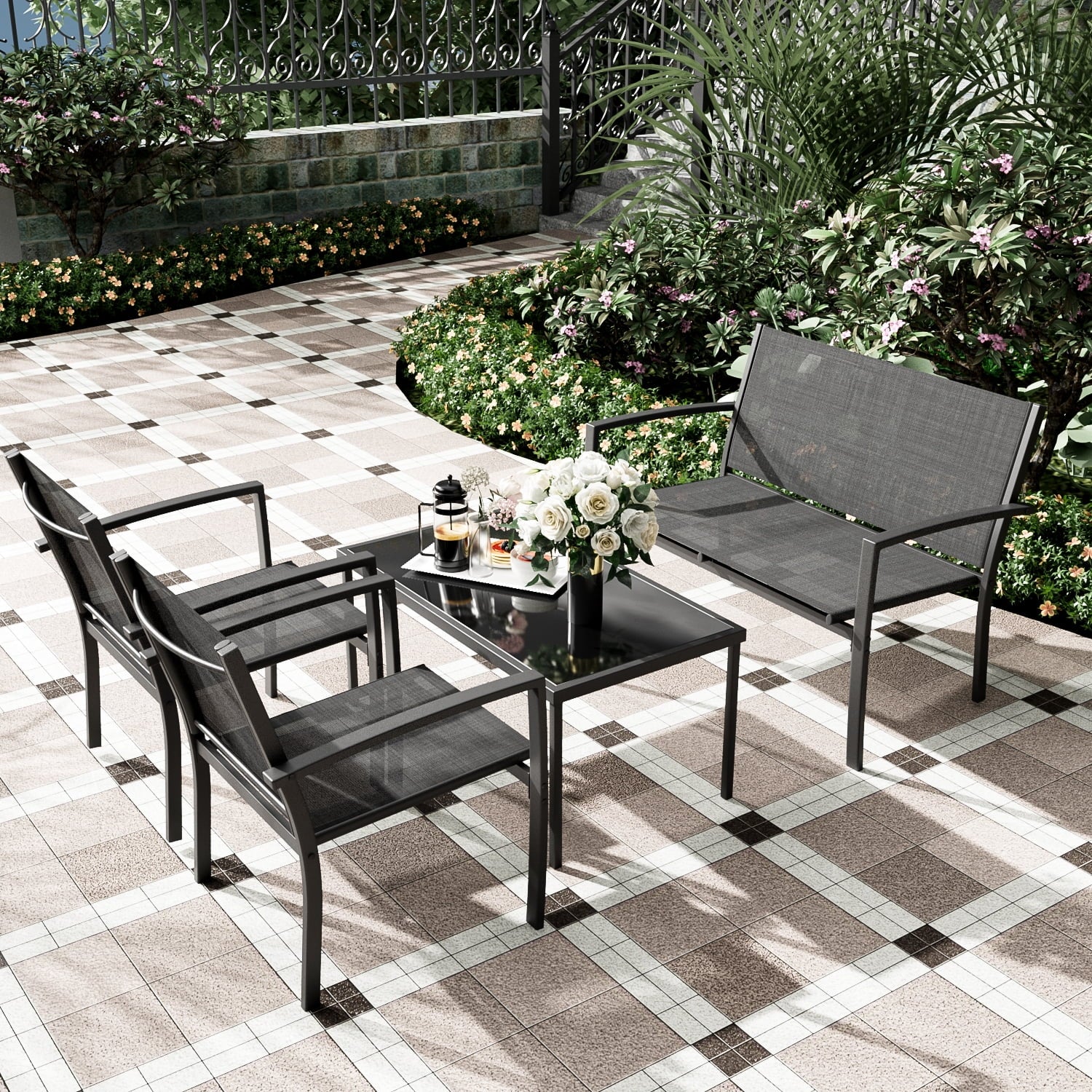 LACOO 4 Pieces Outdoor Furniture Set Patio Textilene Steel Conversation Set with Loveseat Tea Table for Lawn and Balcony, Black - Womvr