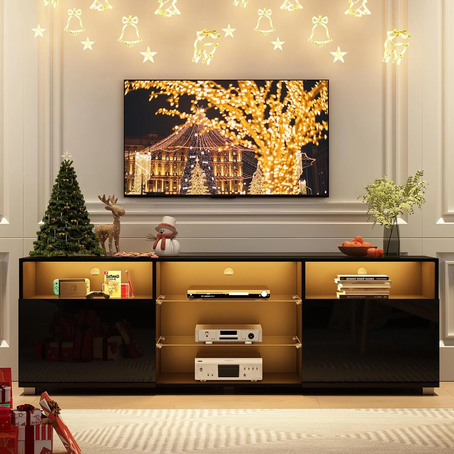 ChVans LED TV Stand for 65/70inch, High Glass Modern Entertainment Center with LED Lights and Glossy Cabinets(Black-65