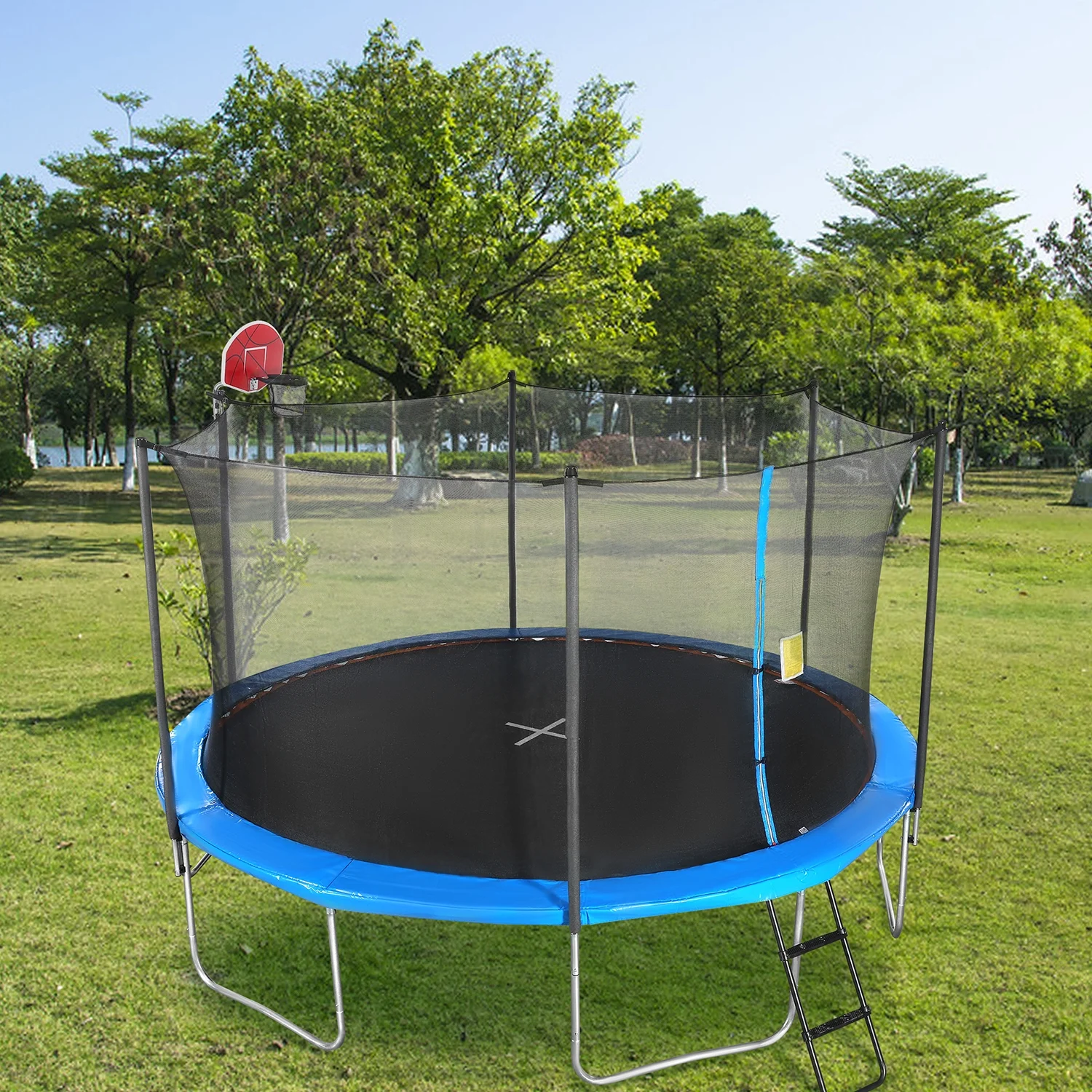 Trampoline for Kids, 14ft Trampoline with Basketball Hoop, Kids Trampoline for Ourdoor with Ladder, W-Shaped Leg for More Sturdy,  72 pcs Springs - Womvr
