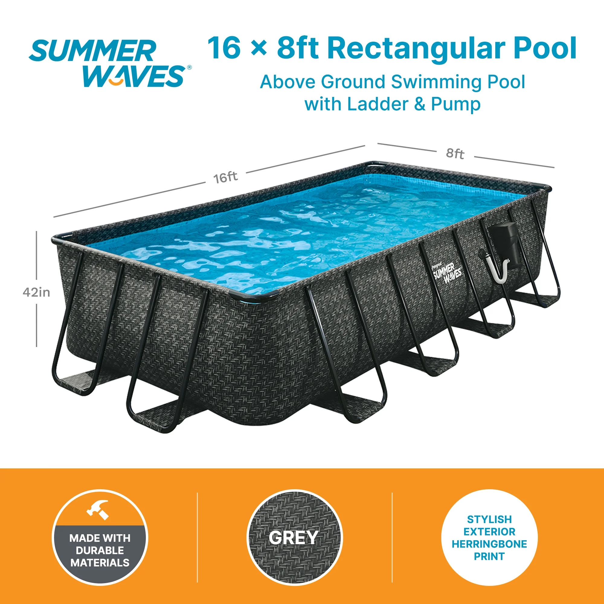 Summer Waves 16' Long Dark Herringbone Elite Frame Outdoor Rectangular Pool - Womvr