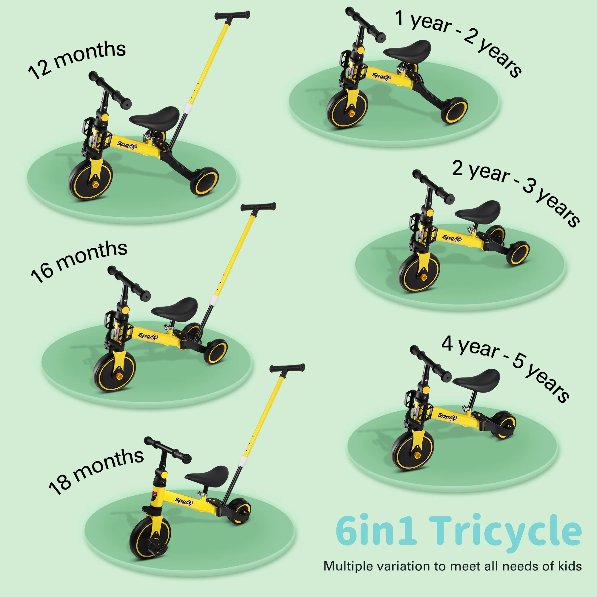 RELOIVE 6 in 1 Kids Tricycle for 1-5 Years Old,Toddler Bike Kids Trike for Balance Training,Baby Bike for Boy Girl with Adjustable Seat Height and Removable Pedal,Yelllow - Womvr