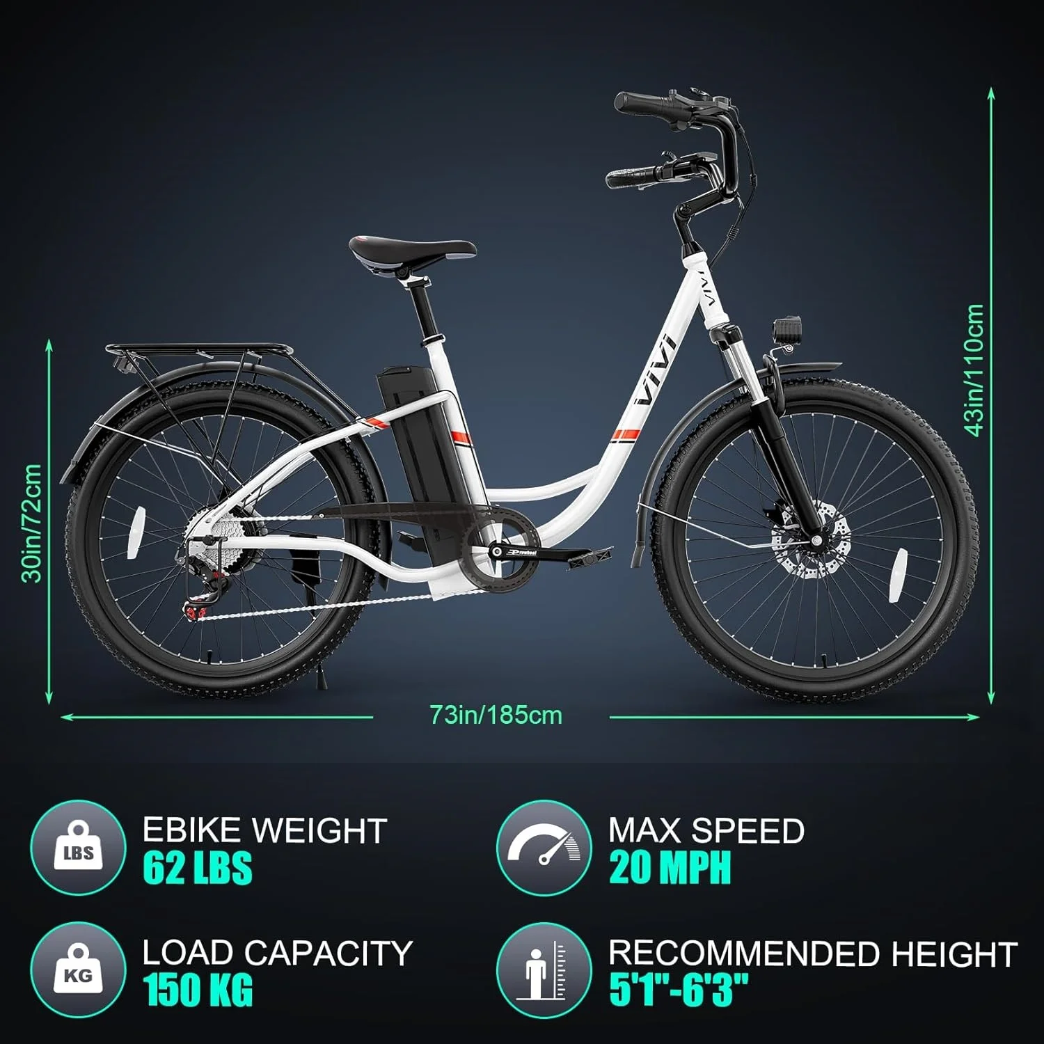 Vivi Electric Bike 26'' Electric Bike for Adults 500W Electric Bike with 48V Removable Battery, Electric Commuter Cruiser Bike 20MPH & 50 Mile City Electric Bike with Cruise Control - Womvr