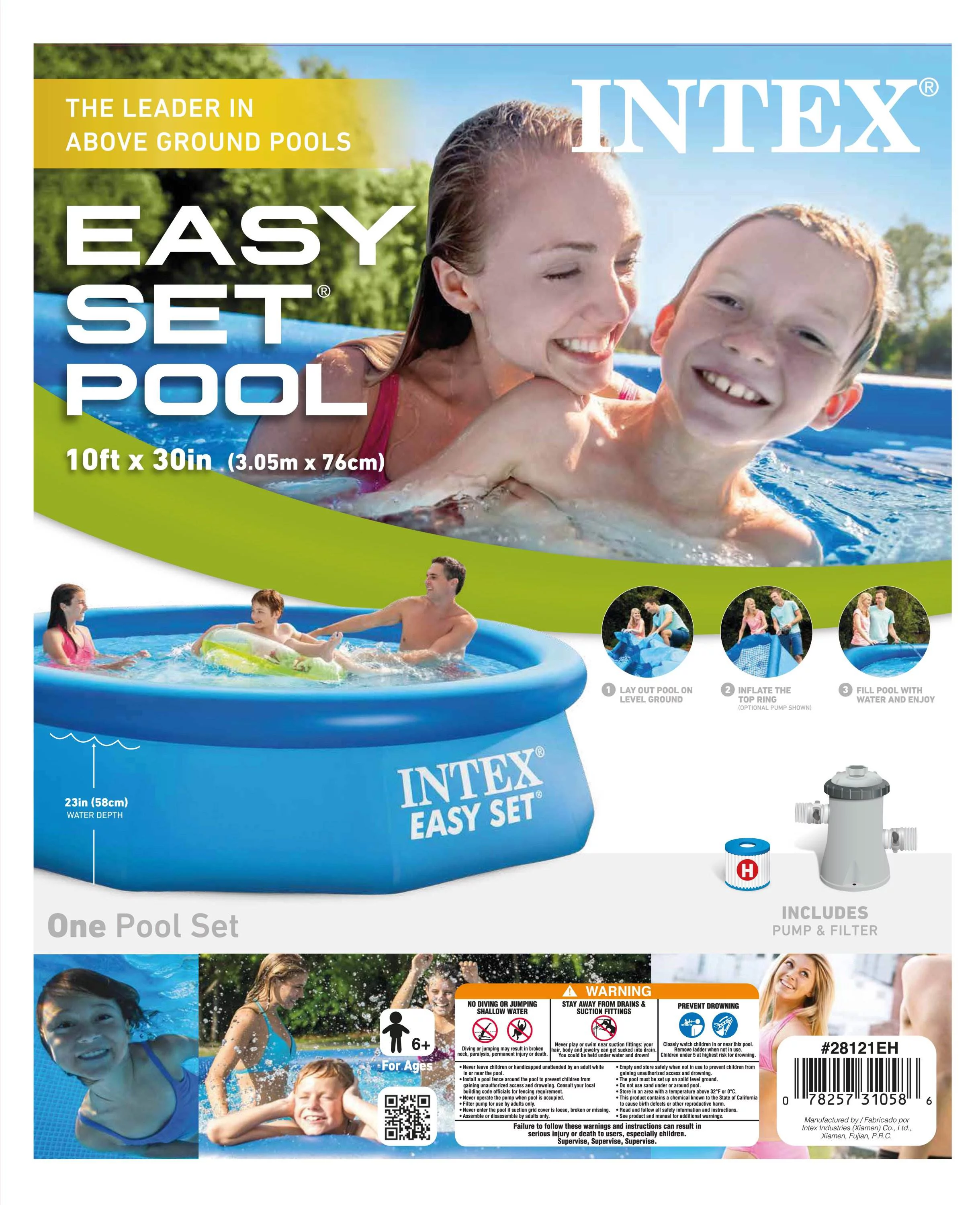 Intex 10ft x 30in Easy Set Inflatable Round Plastic Family Swimming Pool & Pump - Womvr