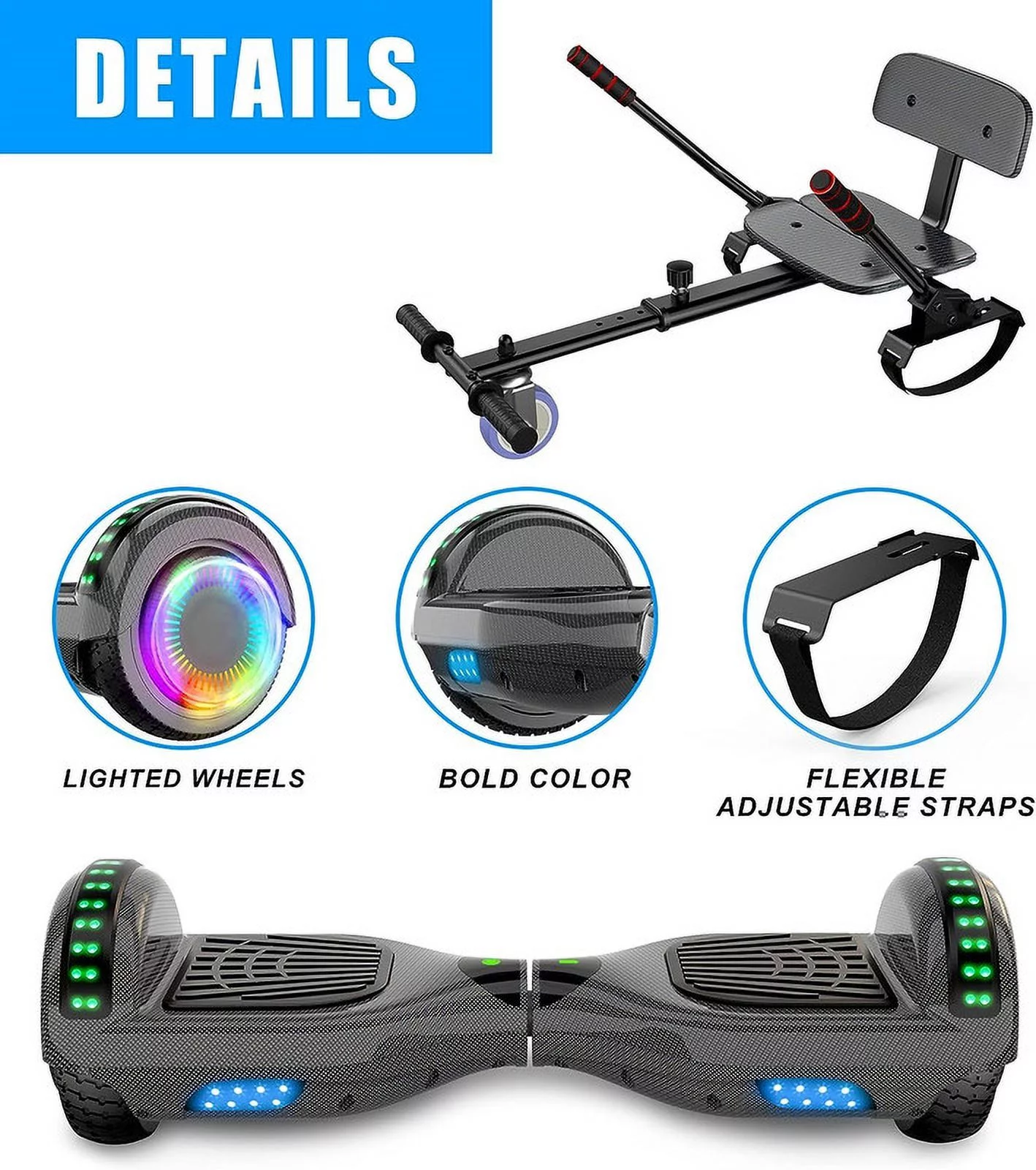 SISIGAD Hoverboard with Seat, 6.5 inch Hoverboard Go Kart Combo with Bluetooth Speaker & LED Lights for Kids Adults - Womvr