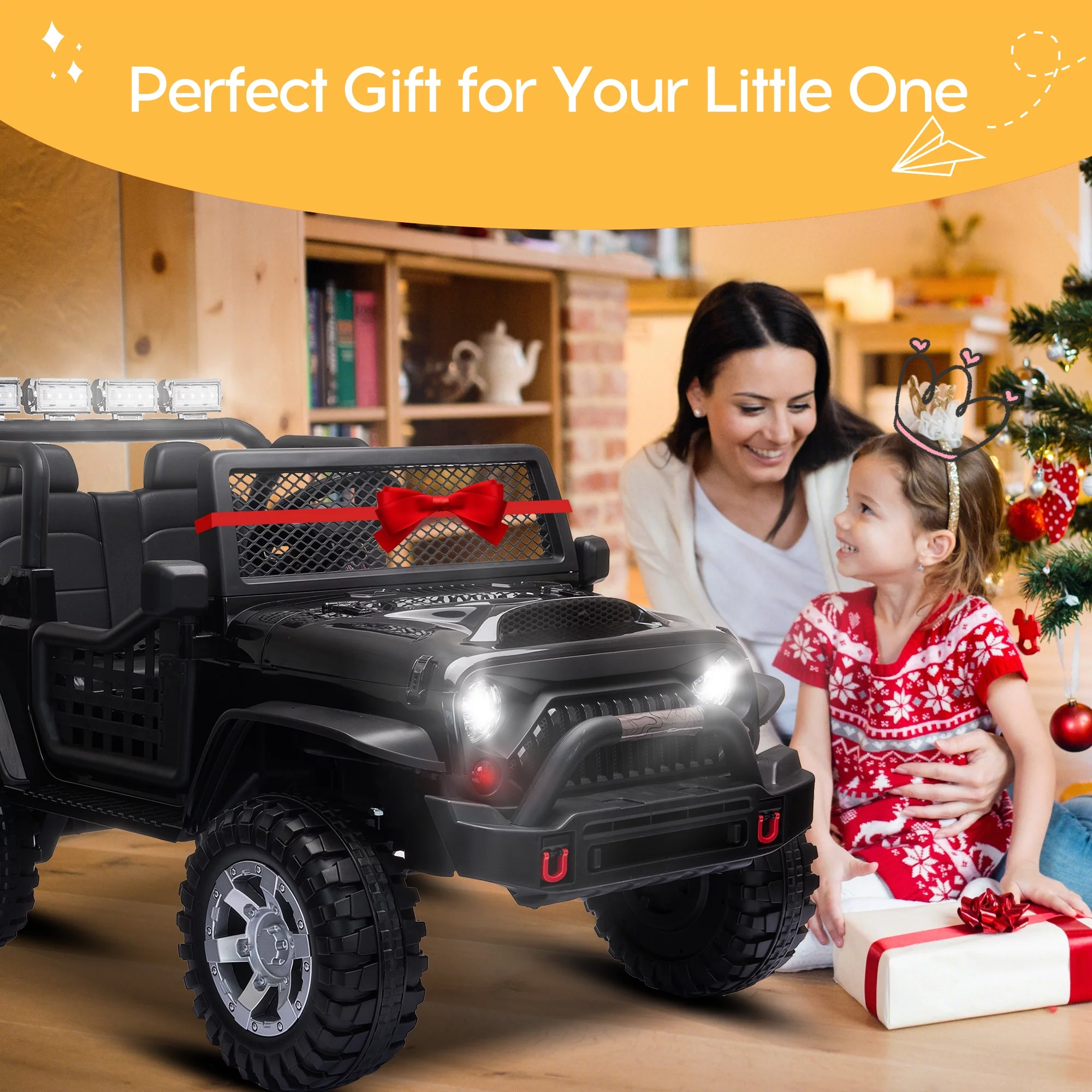 2 Seater Kids Ride on Truck with Remote Control, Music, 12V Children Electric Jeep Car - Womvr