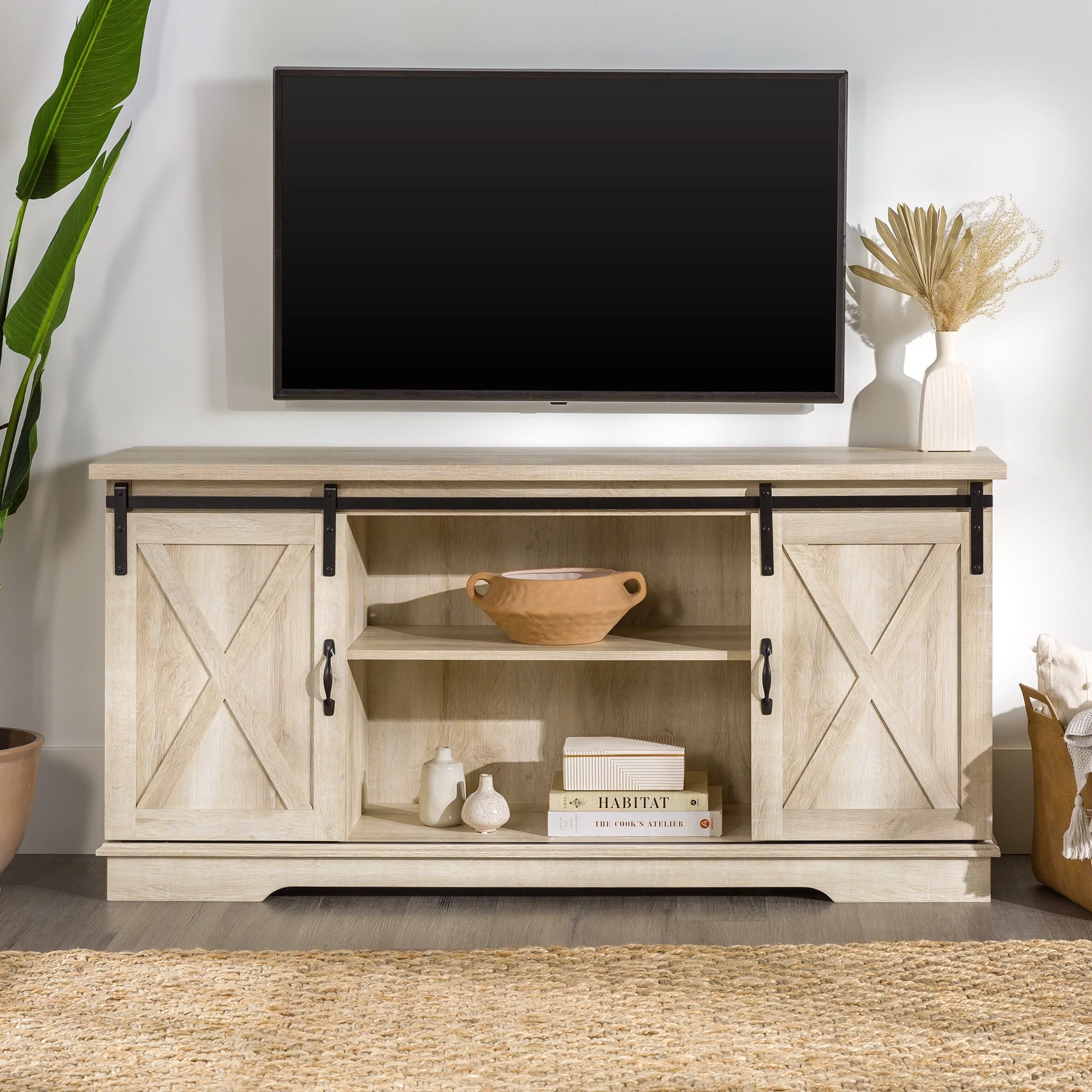 Woven Paths Farmhouse Sliding Barn Door TV Stand for TVs up to 65