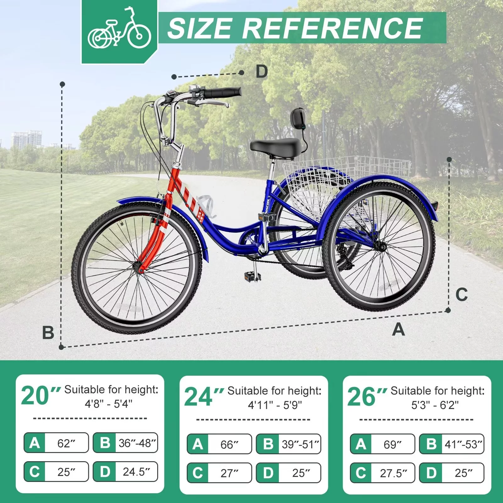 MOPHOTO Adult Tricycle for Seniors (Cyan, 26inch /7-Speed), Low Frame Three Wheel Bikes with Large Basket & Bell, 3 Wheel Cargo Bicycle, Safe and Durable Trike - Womvr