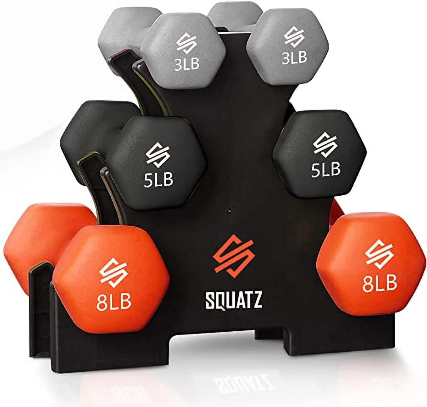 Squatz Dumbbell Weights Set with Stand, 32lbs Neoprene Coated Weights in Color Gray, Black & Orange - Womvr