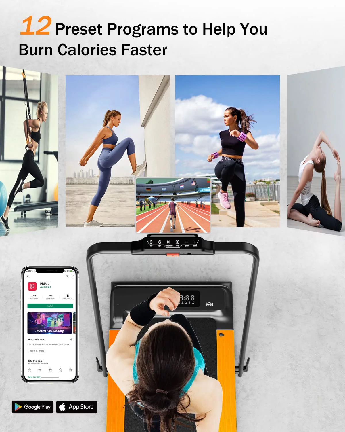 Superun 2 in 1 Folding Treadmill 3 HP Indoor Walking pad with 300lbs Capacity & APP Bracelet & Wider Running Belt(Orange) - Womvr