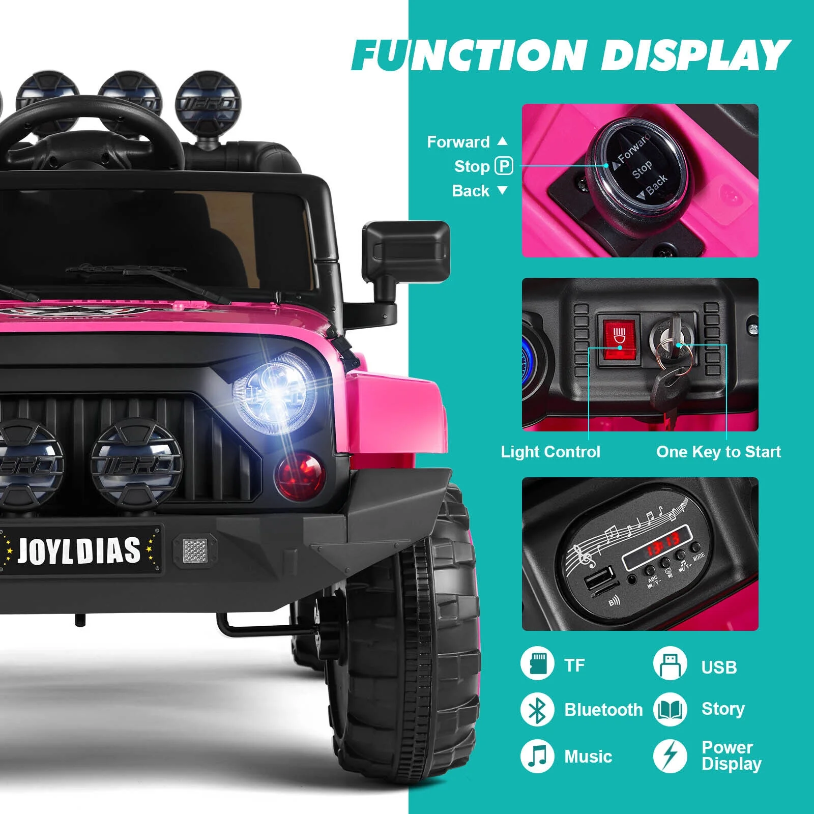 JOYLDIAS 12V Kids Ride on Truck Electric Car with DIY Stickers, Bluetooth, Remote Control, MP3 Player, LED Lights (Pink) - Womvr