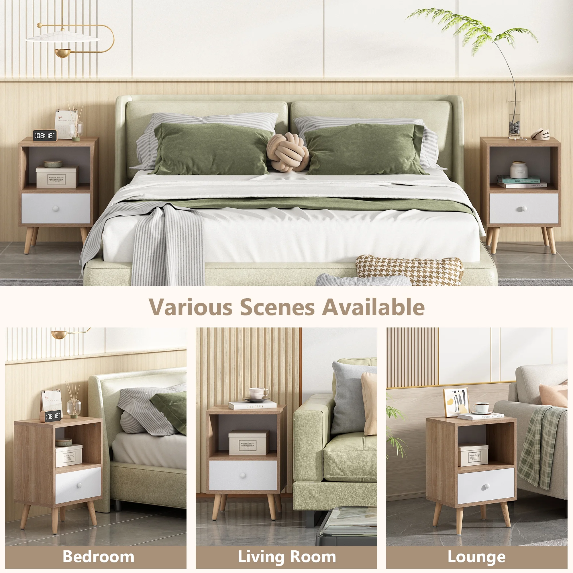 JAXPETY Nightstands Set of 2, Night Stand with 1 Drawer and Open Shelf Storage, End Table, Side Table, for Bedroom, Living Room, Natural Wood & White - Womvr