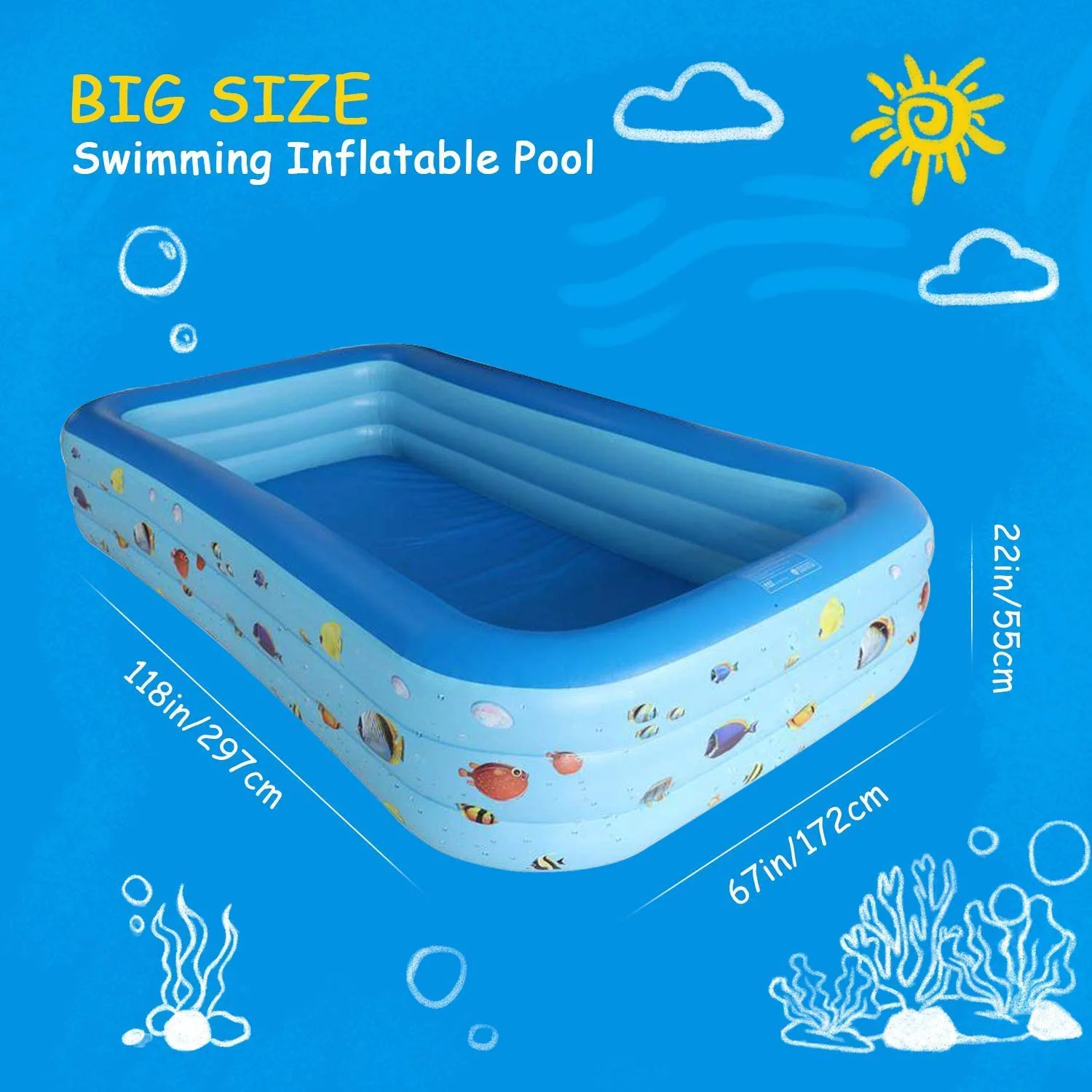 Inflatable Pool, Durable Thickened Blow up Kiddie Pool for Kids, Toddlers and Adults, BPA-Free Family Swimming Pool, 6.9 x 5 x 1.8 ft, Blue - Womvr