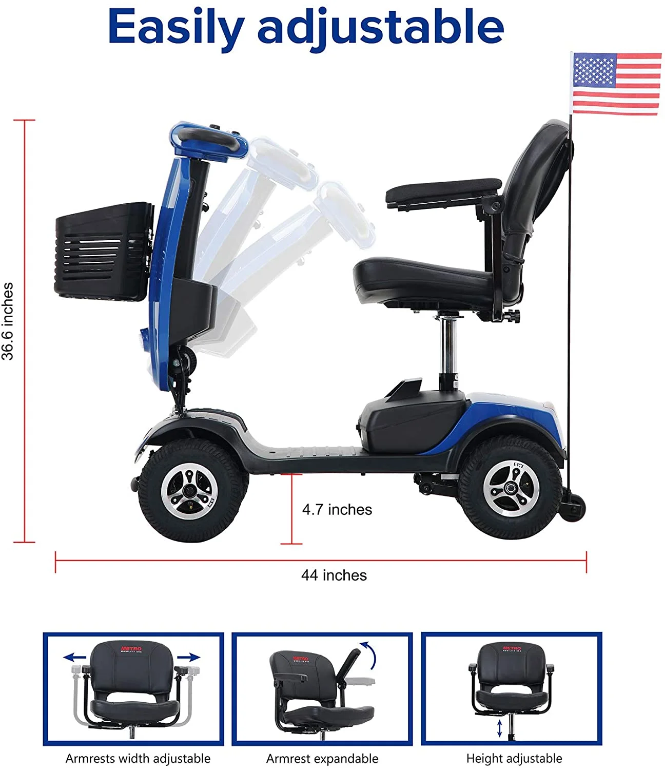 Segmart Mobility Scooter for Seniors, 20''W Armrest, Windshield, Rear Suspension, Front Rear Light, Cup Holder, USB Charging Port, Gift Flag, 300lbs, Red - Womvr