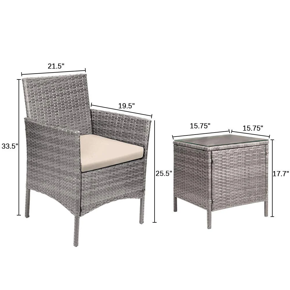 Lacoo 3 Pieces Outdoor Patio Furniture PE Rattan Wicker Table and Chairs Set Bar Set with Cushioned Tempered Glass, Brown/Beige, 2 - Womvr