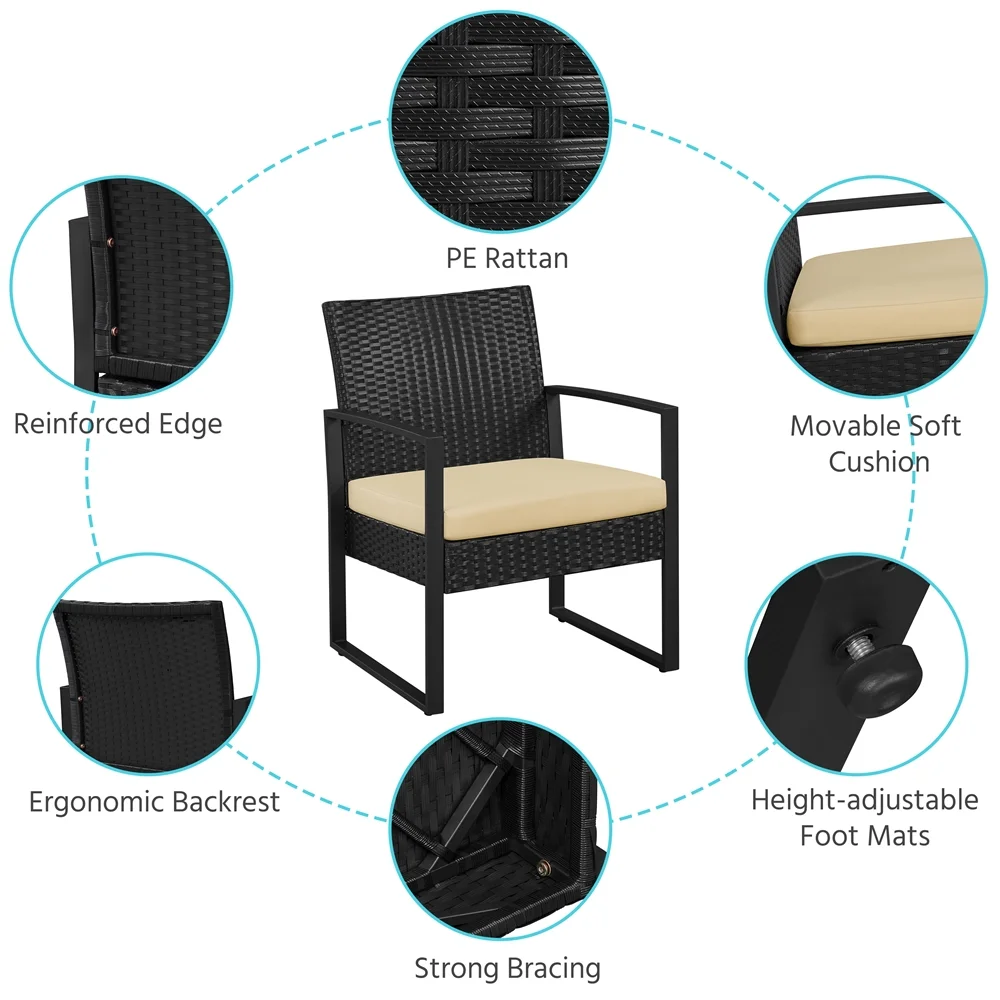 Yaheetech Modern 3-piece Patio Rattan Chairs & Table Set with Cushions, Black/Gray - Womvr