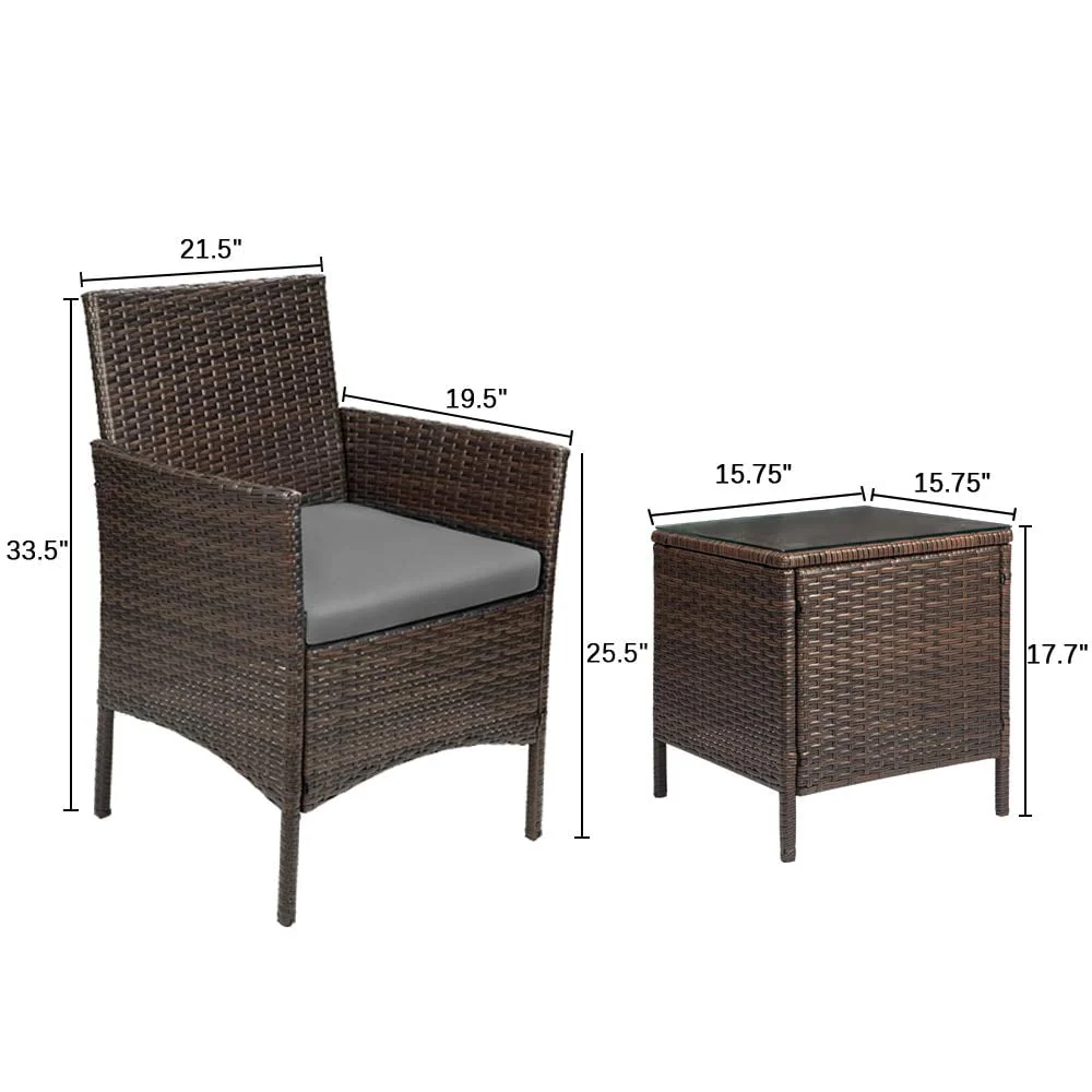 Lacoo 3 Pieces Outdoor Patio Furniture PE Rattan Wicker Table and Chairs Set Bar Set with Cushioned Tempered Glass, Brown/Beige, 2 - Womvr