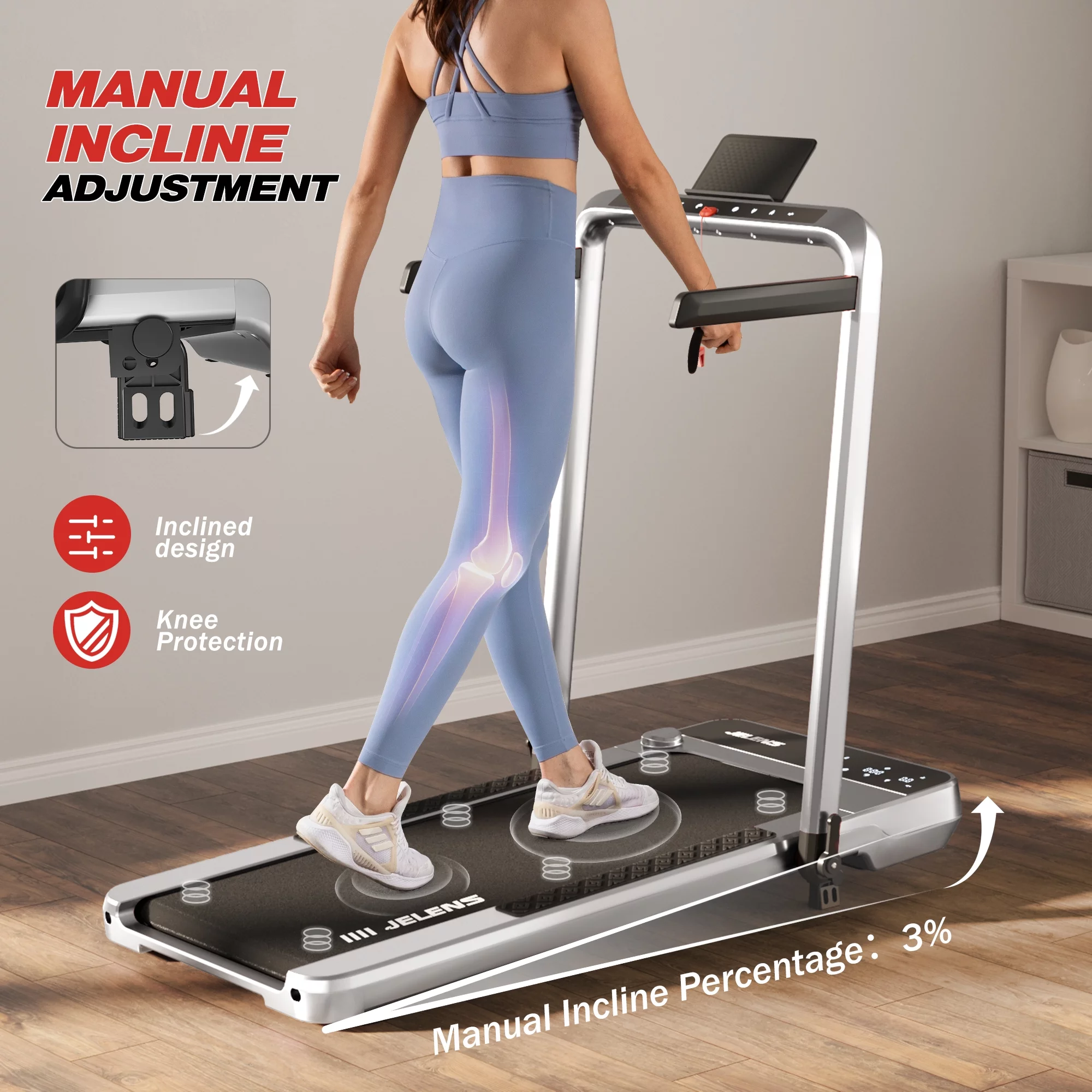JELENS 2 in 1 Incline Treadmill Under Desk Walking Pad 2.5HP Home Folding Treadmills with Gesture Sensing Control, Walking Machine for Office with Led Display - Womvr
