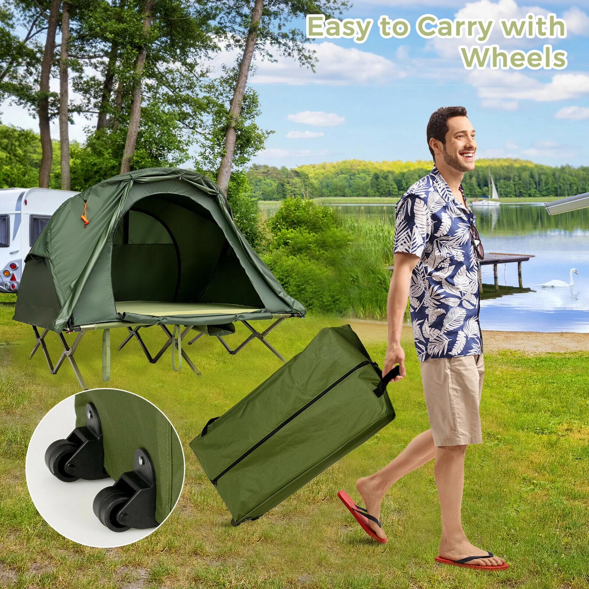 Gymax 2-Person Outdoor Camping Tent Cot Compact Elevated Tent Set W/ External Cover Green - Womvr