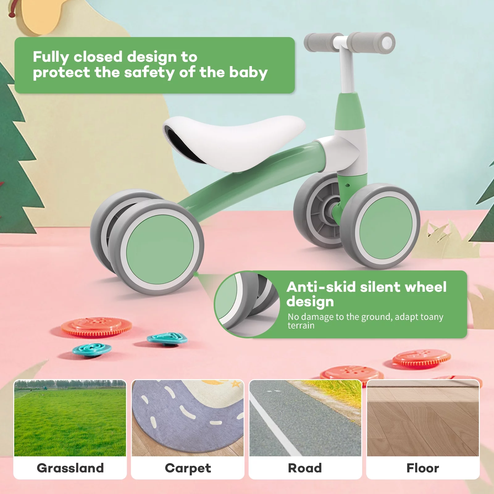 Sejoy Baby Balance Bike Children Walker for 1-3 Years Old Boys Girls 12-36 Months Kids Toddler First Bike 4 Wheels Riding Toys,First Birthday Gifts - Womvr